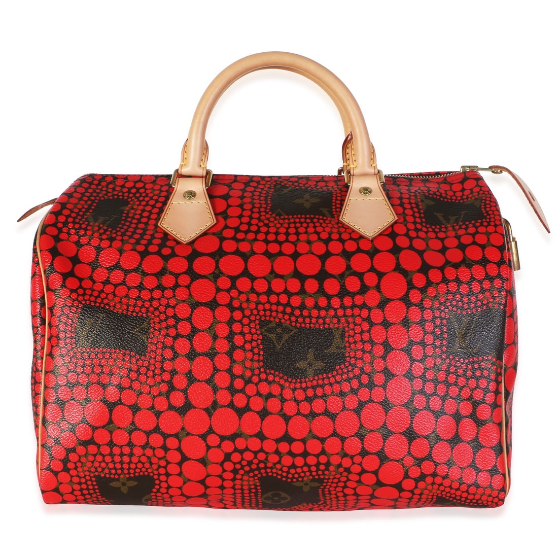 Louis Vuitton Speedy 30 Handbag with Yayoi Kusama Red Dots: Louis Vuitton Speedy 30 Handbag with Yayoi Kusama Red Dots Louis Vuitton x Yayoi Kusama Speedy 30 handbag in black and red monogram canvas with the Infinity Dots design. This pre-owned top handle bag 