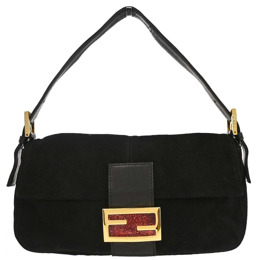 Fendi Baguette Medium Shoulder Bag Black Suede Leather Trim 2813-26424-009: Fendi Baguette Medium Shoulder Bag Black Suede Leather Trim 2813-26424-009 Fendi Baguette handbag in black suede with leather trim and silver-tone hardware. This medium shoulder bag features a magneti