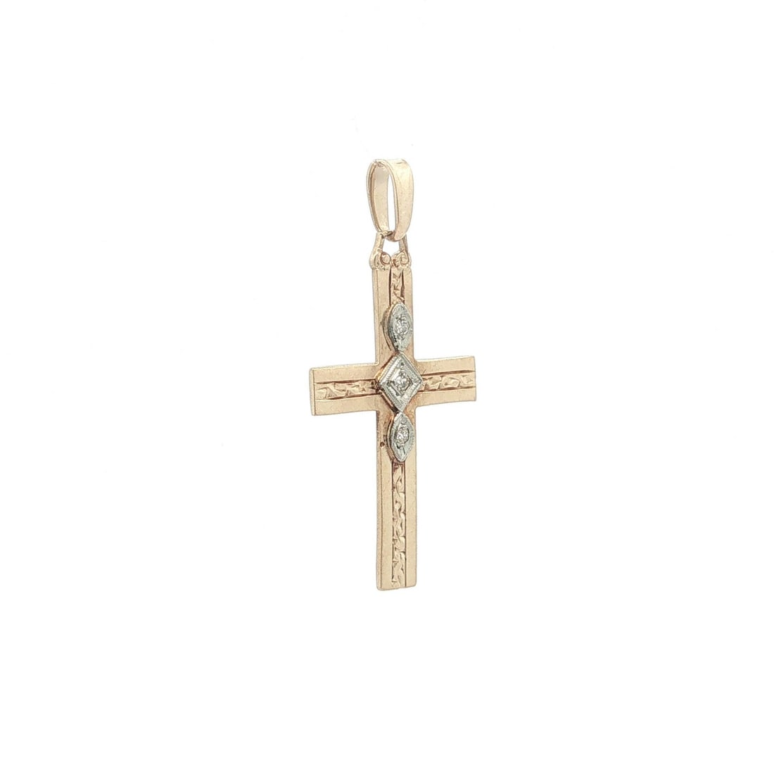 Unbranded 10k Yellow Gold Cross Pendant with 3 Old Cut Diamonds: Unbranded 10k Yellow Gold Cross Pendant with 3 Old Cut Diamonds Antique cross pendant crafted in solid 10k yellow gold with white gold accents and detailed hand engraving. It features three natural ol