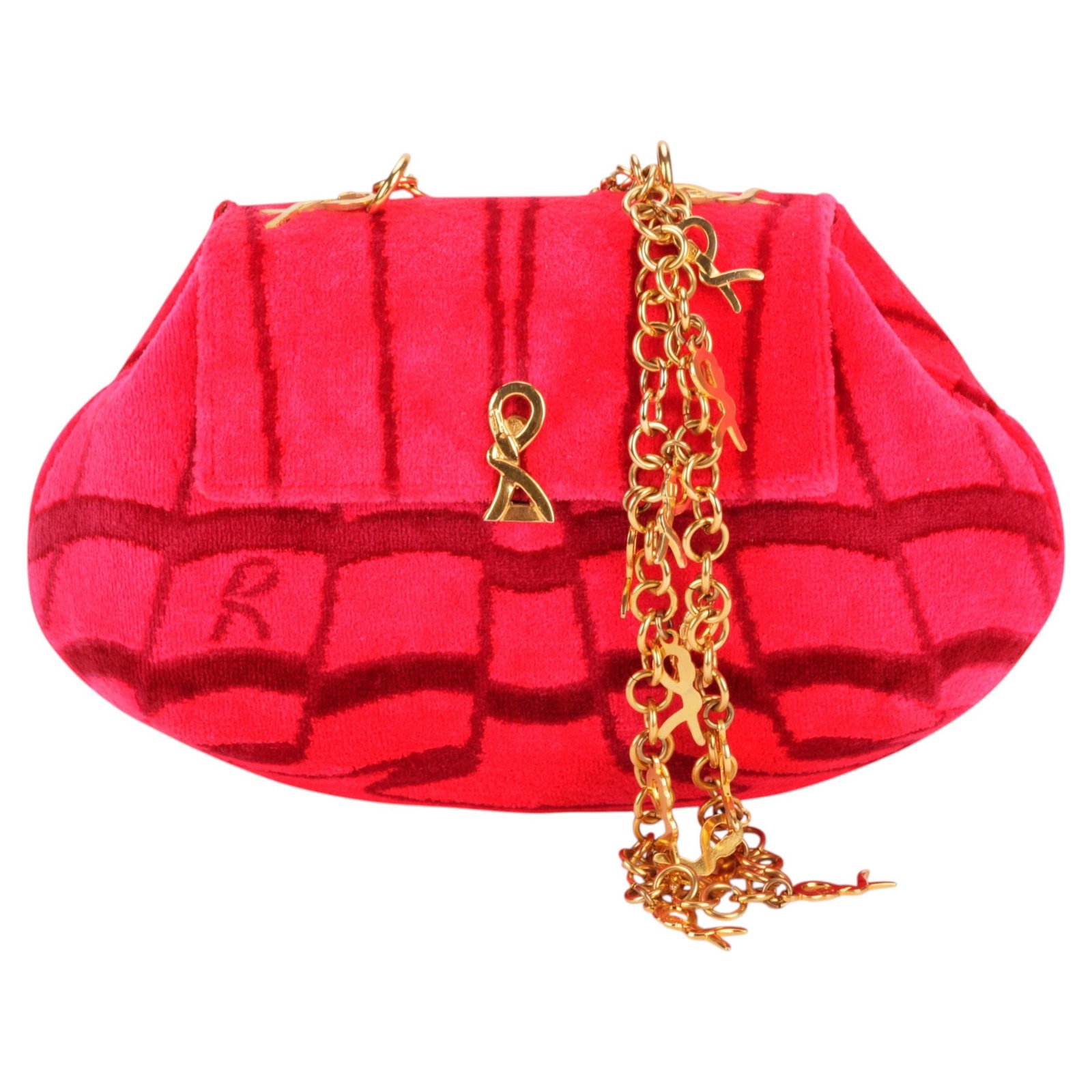 Roberta di Camerino red velvet shoulder bag with box: Roberta di Camerino red velvet shoulder bag with box Elegant Roberta di Camerino velvet bag in coral red with gold-tone hardware. This late 20th century Italian piece features a frame top silhouette, 