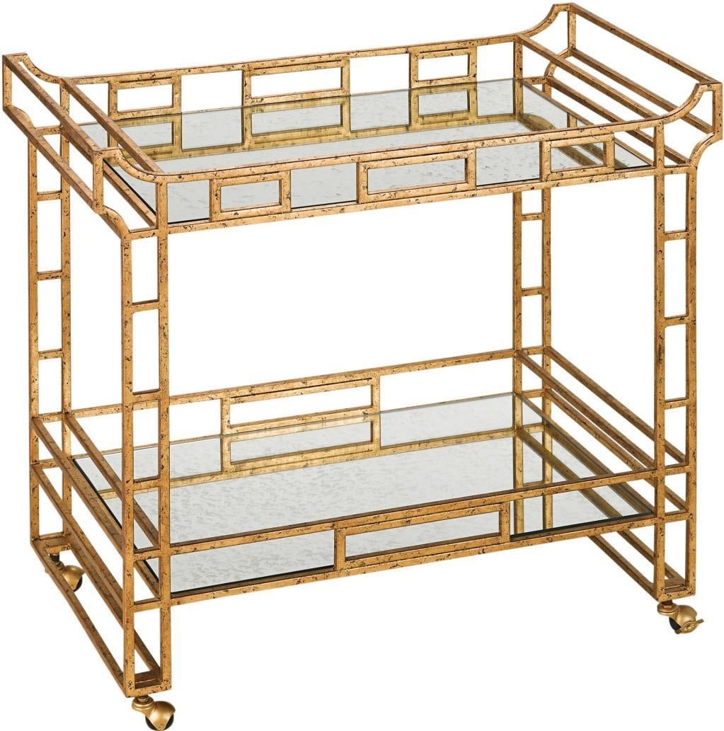 Currey Odeon Gold Bar Cart Mirror Chinoiserie Style: Currey Odeon Gold Bar Cart Mirror Chinoiserie Style Introducing the sophisticated Odeon Gold Bar Cart, a stunning addition to your home decor. Crafted in a vintage style, this bar cart features a ligh