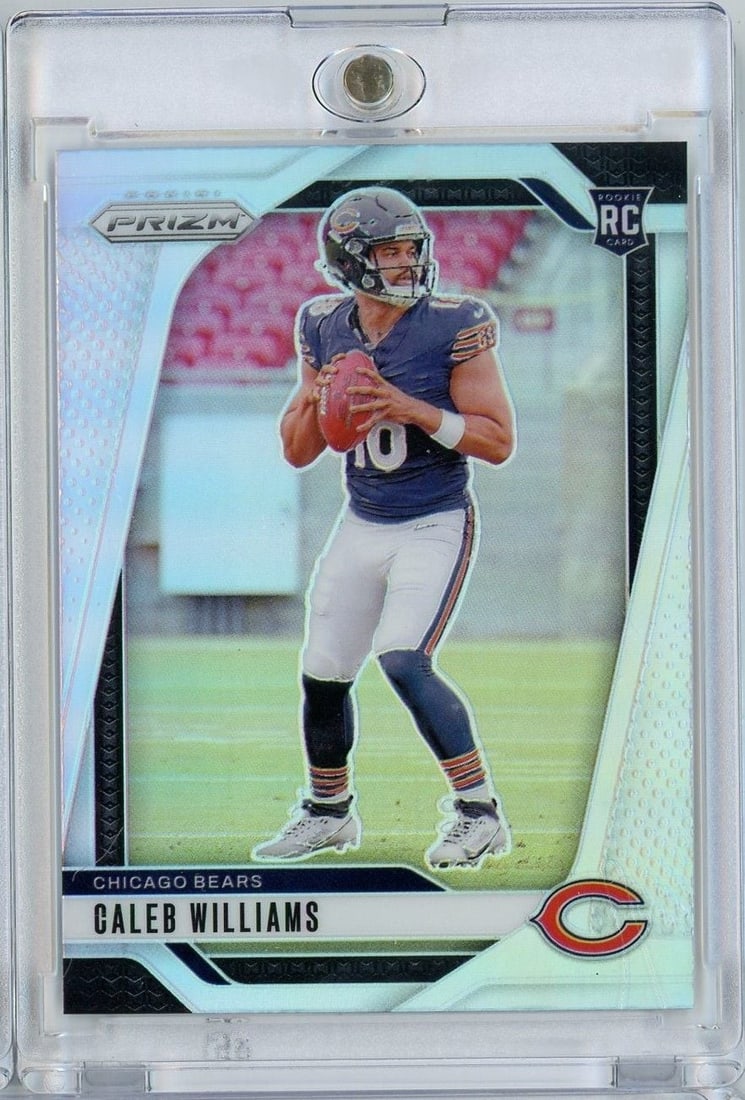Caleb Williams 2024 Panini Prizm Silver Prizm RC Card #301: Caleb Williams 2024 Panini Prizm Silver Prizm RC Card #301 2024 Panini Prizm Caleb Williams #301 Silver Prizm rookie football card featuring Caleb Williams of the Chicago Bears. This pre-owned sports 