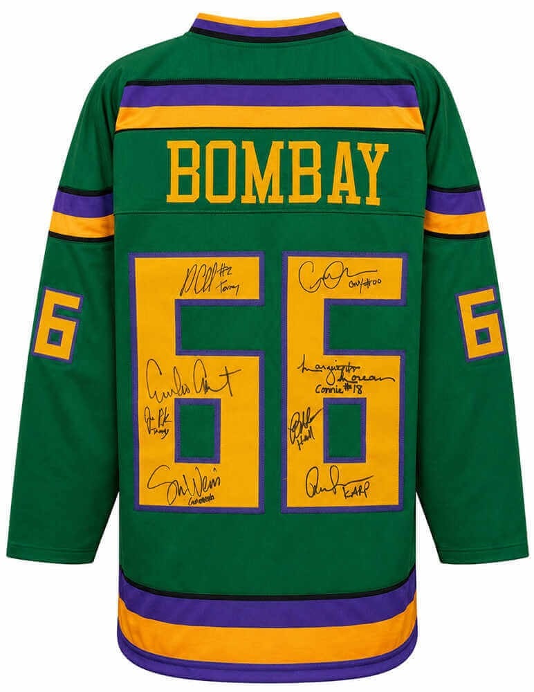 Green Bombay 66 Mighty Ducks Jersey Signed by 8 Cast Members: Green Bombay 66 Mighty Ducks Jersey Signed by 8 Cast Members Original The Mighty Ducks cast-signed Bombay #66 green custom hockey jersey featuring 8 signatures and character-name inscriptions from cas