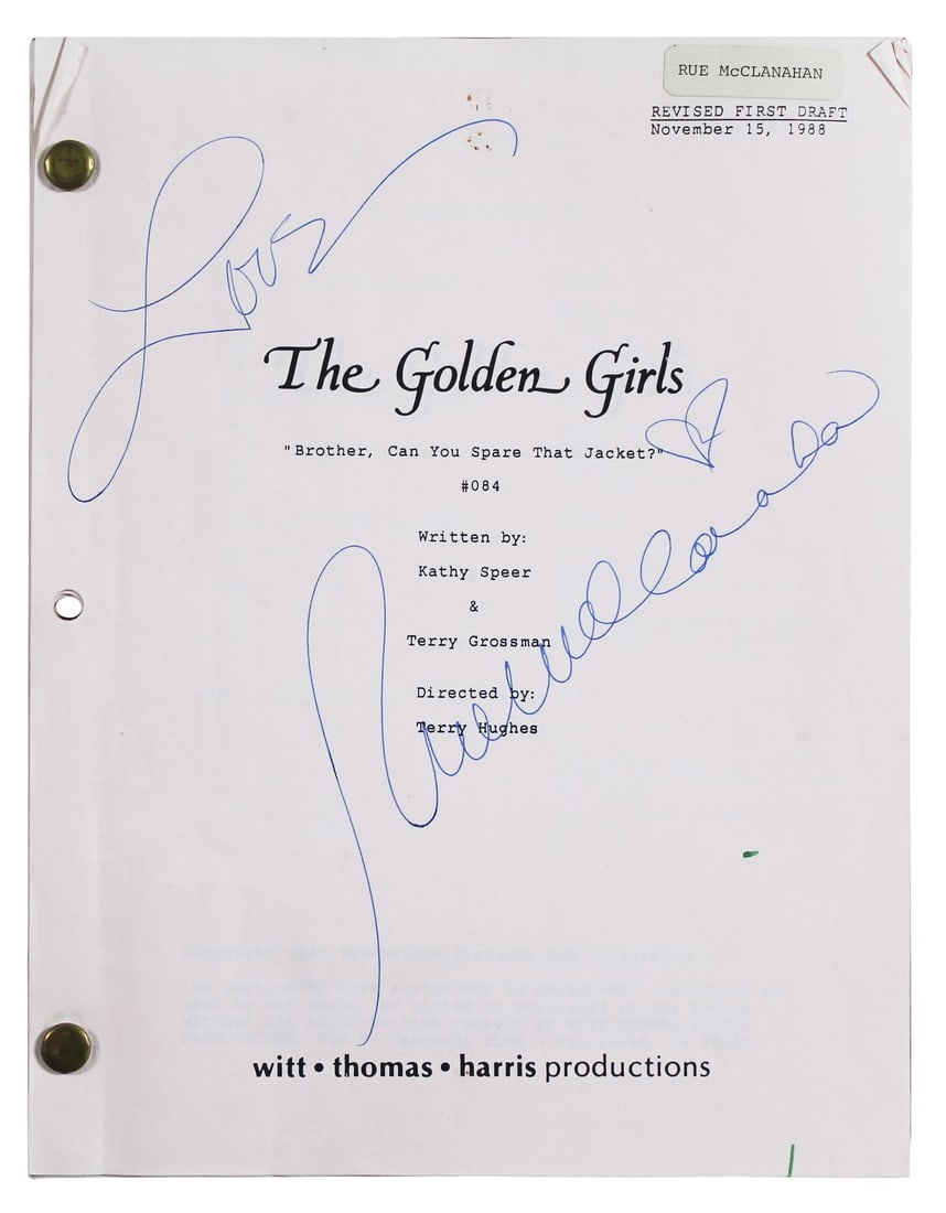 Beckett Authenticated Golden Girls TV Script Signed by Rue McClanahan: Beckett Authenticated Golden Girls TV Script Signed by Rue McClanahan Set-used TV script personally signed by Rue McClanahan of Golden Girls. The item is original and comes with Beckett Authentication