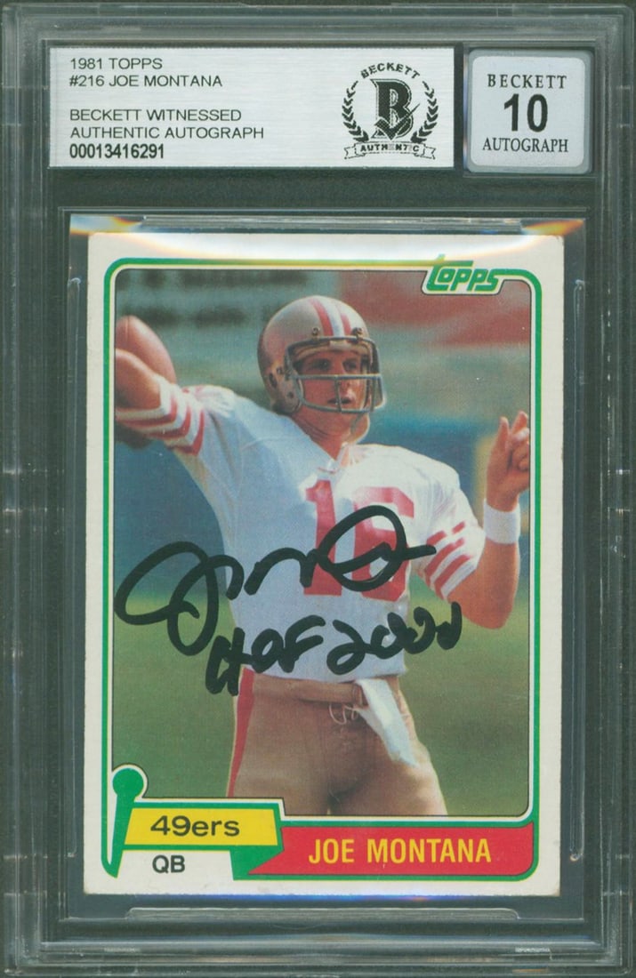 Joe Montana signed 1981 Topps 216 rookie card HOF 2000 Beckett slabbed: Joe Montana signed 1981 Topps 216 rookie card HOF 2000 Beckett slabbed Autographed 1981 Topps #216 rookie card signed by Joe Montana and inscribed "HOF 2000." The card is slabbed by Beckett Authentica