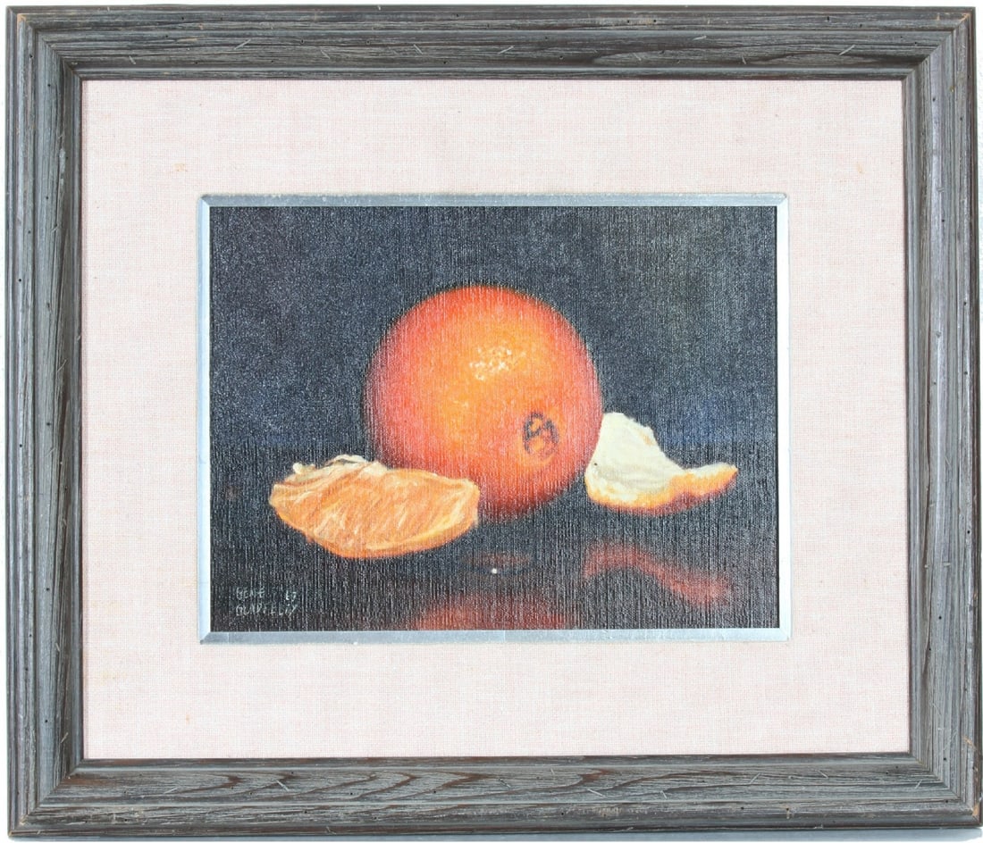 Framed 1967 Original Oil Still Life by Gene Gladfelty: Framed 1967 Original Oil Still Life by Gene Gladfelty Original 1967 oil painting by Gene Gladfelty featuring a vibrant peeled orange still life. This one-of-a-kind work is hand-painted on canvas and p