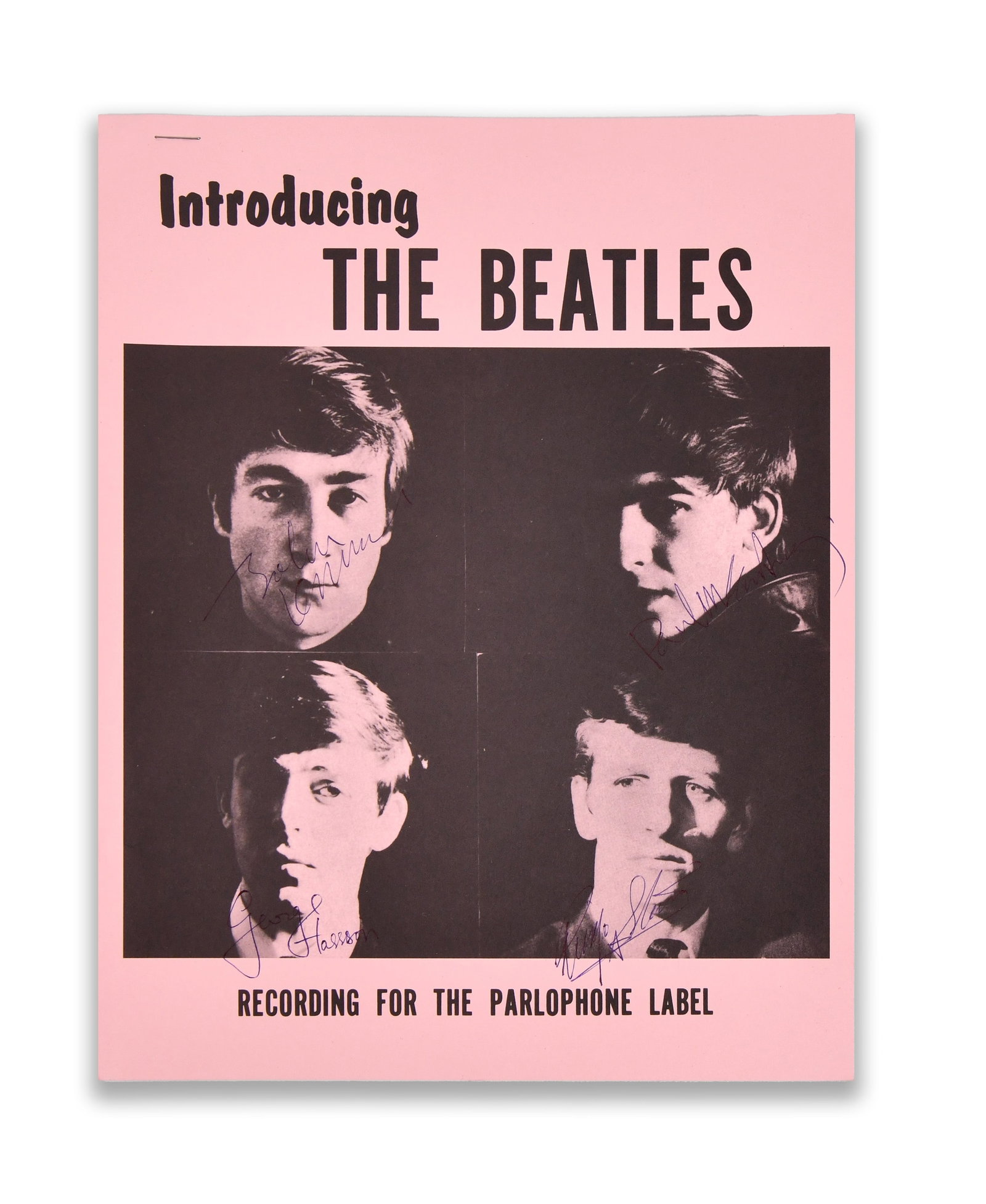 The Beatles, Fully Signed "Introducing The Beatles" Promotional Poster (Parlophone): THE BEATLES, FULLY SIGNED "INTRODUCING THE BEATLES" PROMOTIONAL POSTER (PARLOPHONE) Provenance and Authenticity: This promotional poster for "Introducing The Beatles," issued in connection with early 