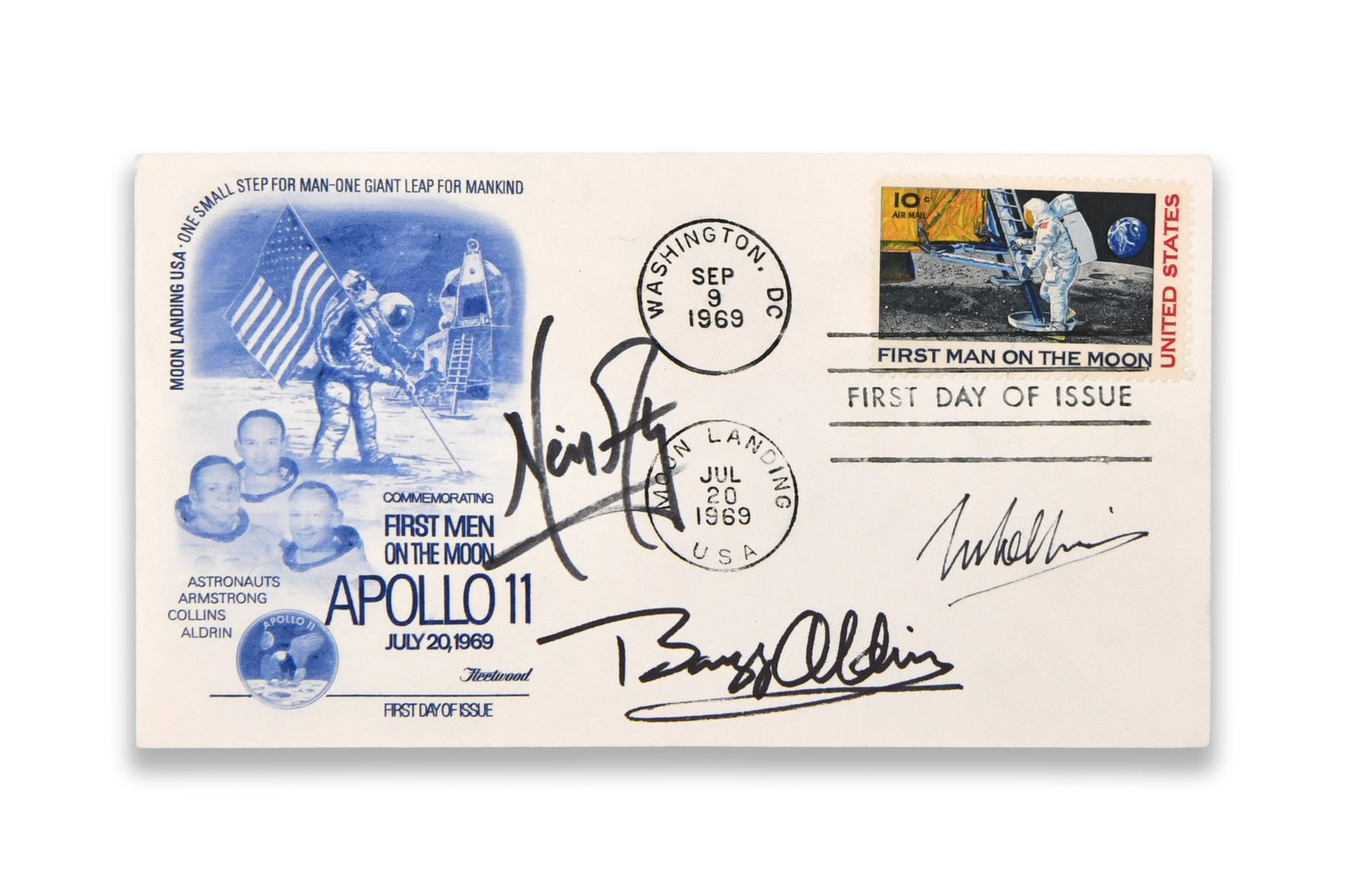 APOLLO 11 CREW - Multi-Signed First Day Cover, "First Man on the Moon" (July 20, 1969): APOLLO 11 CREW - MULTI-SIGNED FIRST DAY COVER, "FIRST MAN ON THE MOON" (JULY 20, 1969) Provenance and Authenticity: This First Day Cover commemorating the Apollo 11 Moon landing is signed by the