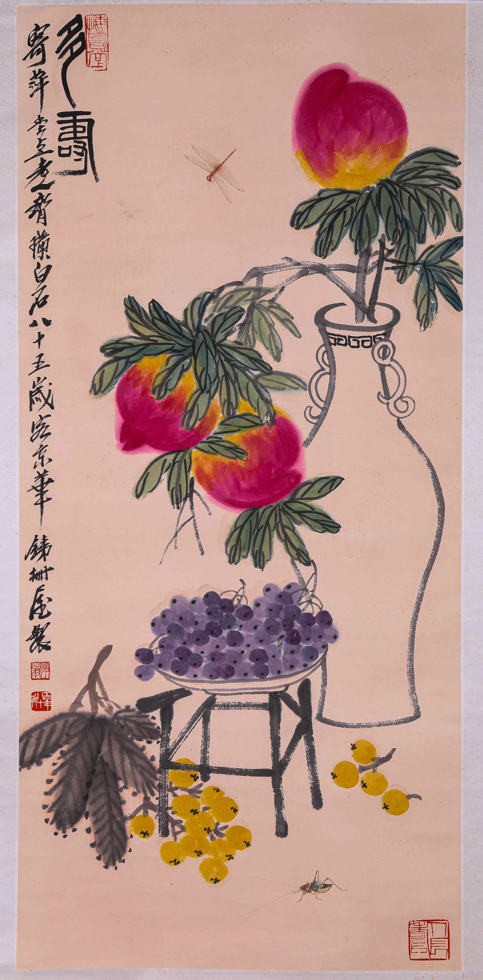 Qi Baishi (1864-1957), attributed to, Abundant Longevity: QI BAISHI (1864-1957), ATTRIBUTED TO, ABUNDANT LONGEVITY Dimensions: Dimensions: Width: 63 cm x Height: 136 cm. All measurements are approximate.