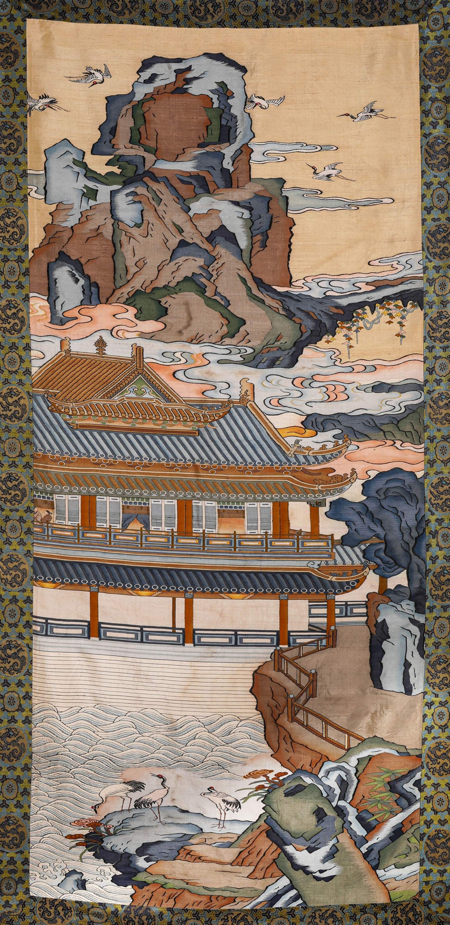 A Silk 'Kesi' Tapestry of 'Pavilions and Terraces': A SILK 'KESI' TAPESTRY OF 'PAVILIONS AND TERRACES' Dimensions: Dimensions: Width: 81 cm x Height: 173 cm. All measurements are approximate.