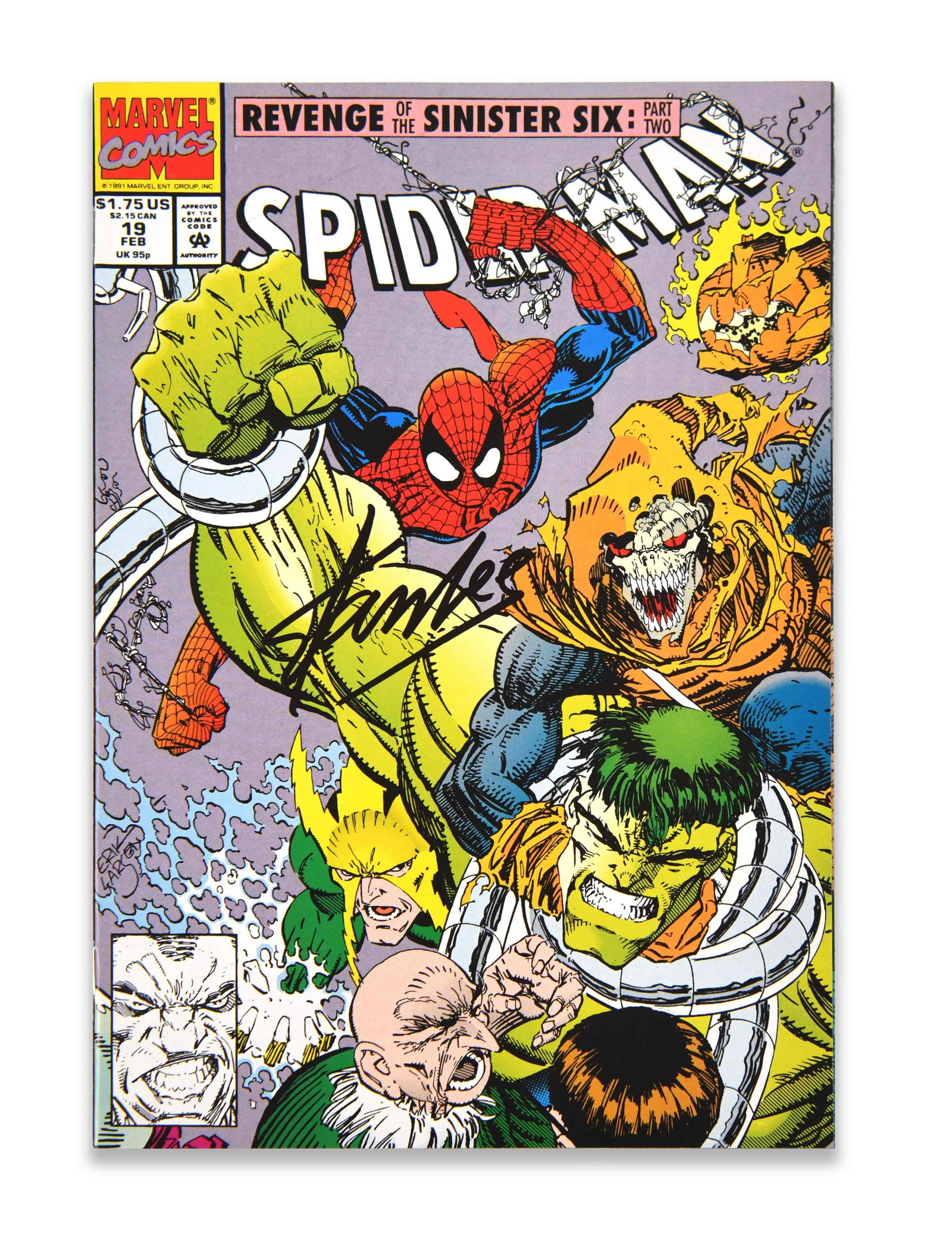 STAN LEE - Signed Spider-Man: Revenge of the Sinister Six (Part Two): STAN LEE - SIGNED SPIDER-MAN: REVENGE OF THE SINISTER SIX (PART TWO) Provenance and Authenticity: The cover features a bold black marker signature by Stan Lee prominently placed across the central