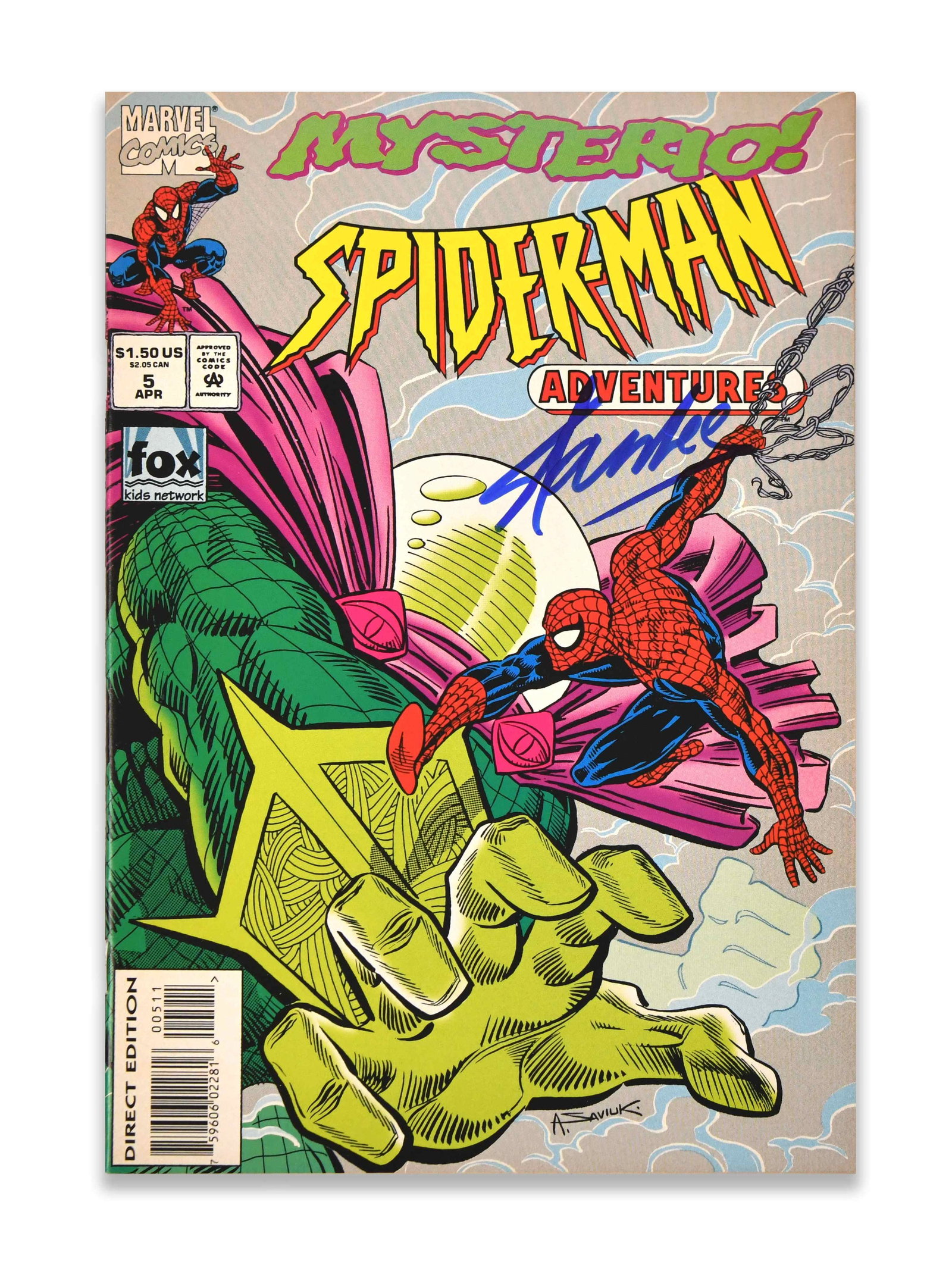 STAN LEE - Signed Spider-Man Adventures No. 5 (Marvel Comics / Fox Kids Tie-In, April Issue): STAN LEE - SIGNED SPIDER-MAN ADVENTURES NO. 5 (MARVEL COMICS / FOX KIDS TIE-IN, APRIL ISSUE) Provenance and Authenticity: The cover is signed in bold blue marker by Stan Lee, positioned prominently