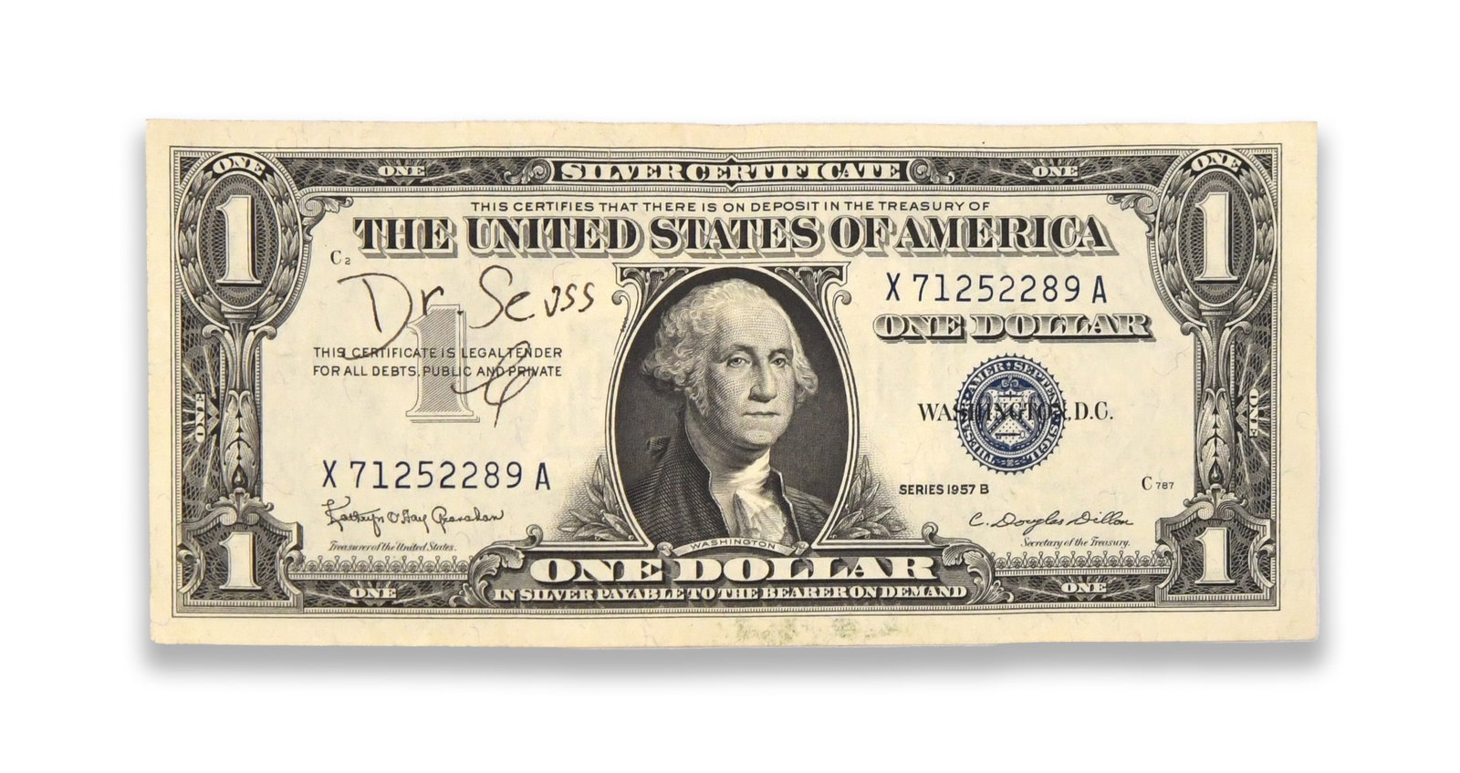 DR. SEUSS - Signed 1957B One Dollar Silver Certificate: DR. SEUSS - SIGNED 1957B ONE DOLLAR SILVER CERTIFICATE Provenance and Authenticity: The obverse bears a black ink inscription and signature reading "Dr. Seuss," positioned across the upper left-centra