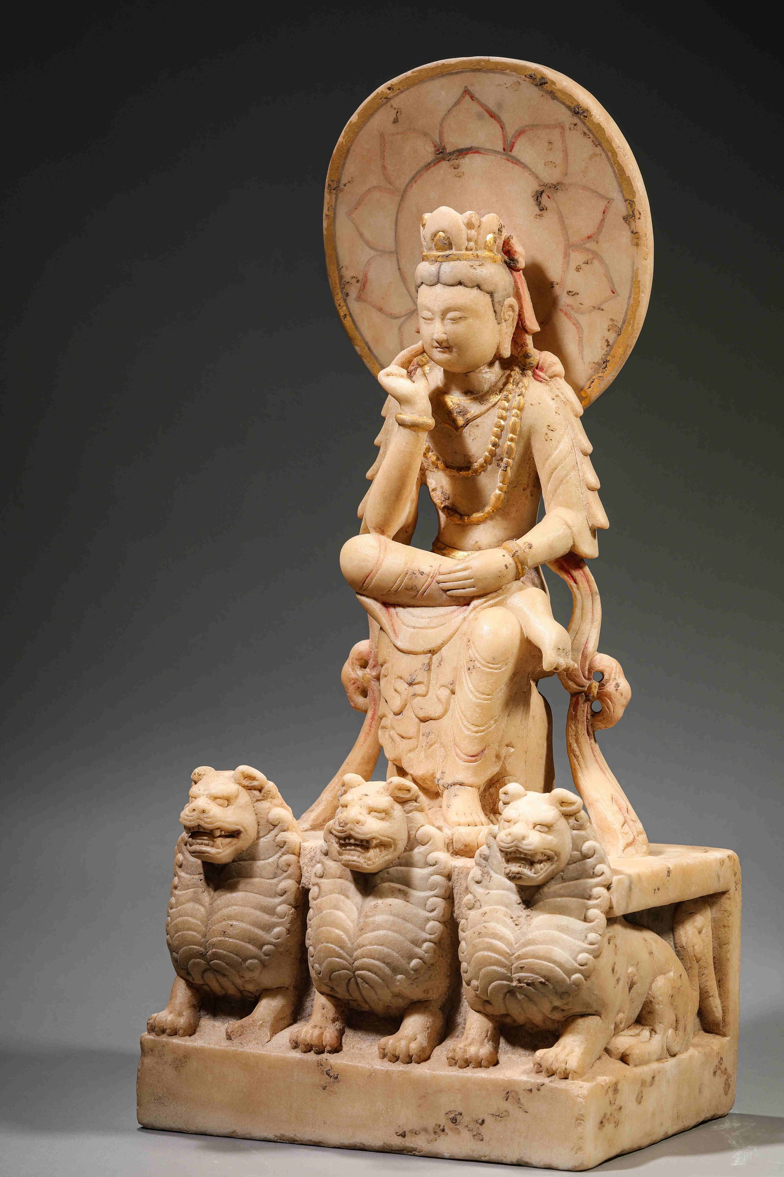 A White Marble 'Water-Moon' Figure of Avalokiteshvara: A WHITE MARBLE 'WATER-MOON' FIGURE OF AVALOKITESHVARA Dimensions: Dimensions: Weight: 44000 g. Length: 30 cm x Width: 24 cm x Height: 68 cm. All measurements are approximate.
