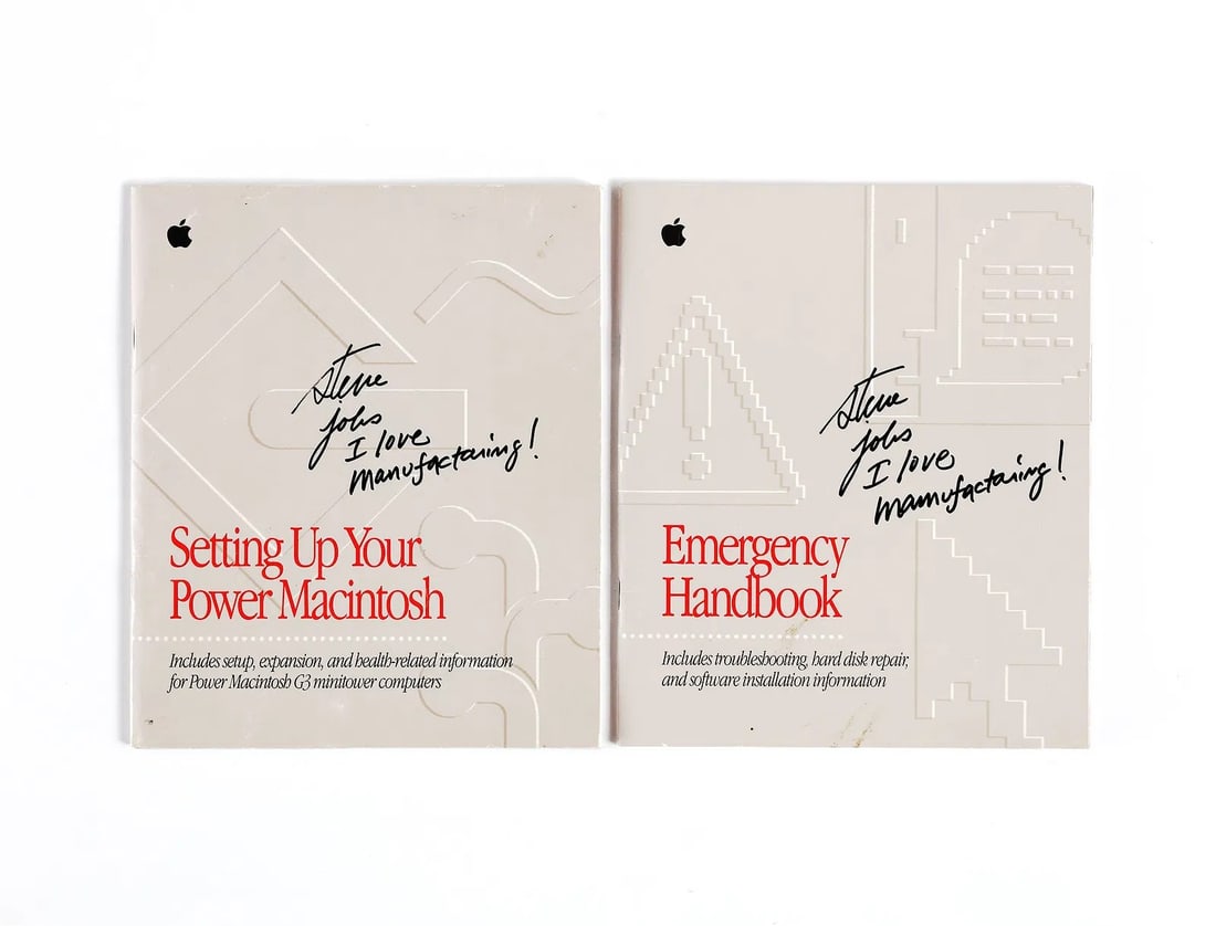 Steve Jobs Hand-Signed Apple Power Macintosh Manuals: STEVE JOBS HAND-SIGNED APPLE POWER MACINTOSH MANUALS Provenance and Authenticity: This matched pair of original Apple manuals, Setting Up Your Power Macintosh and Emergency Handbook, bears handwritten
