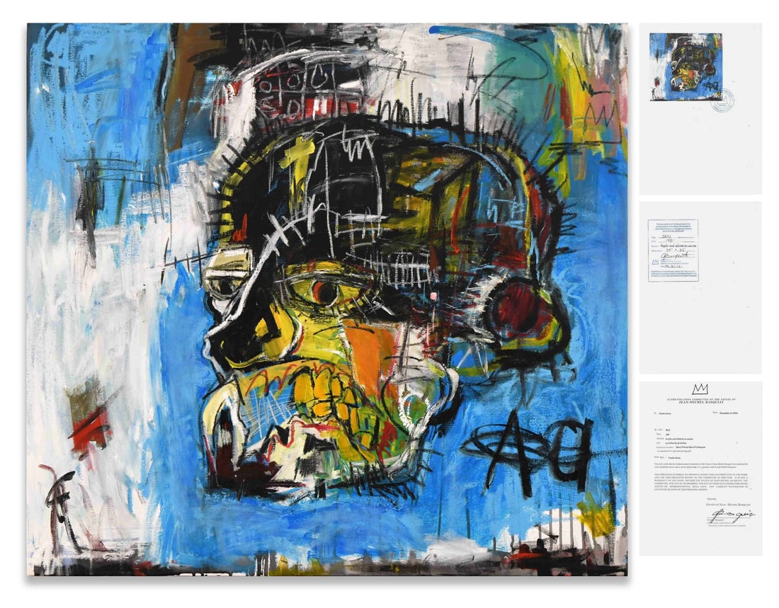 Jean-Michel Basquiat (1960-1988), Oil on Canvas: JEAN-MICHEL BASQUIAT (1960-1988), OIL ON CANVAS Dimensions: Image size: 86.5 x 91.5 cm. All measured values are approximate. Provenance and Authenticity: The work is presented on canvas with a traditi