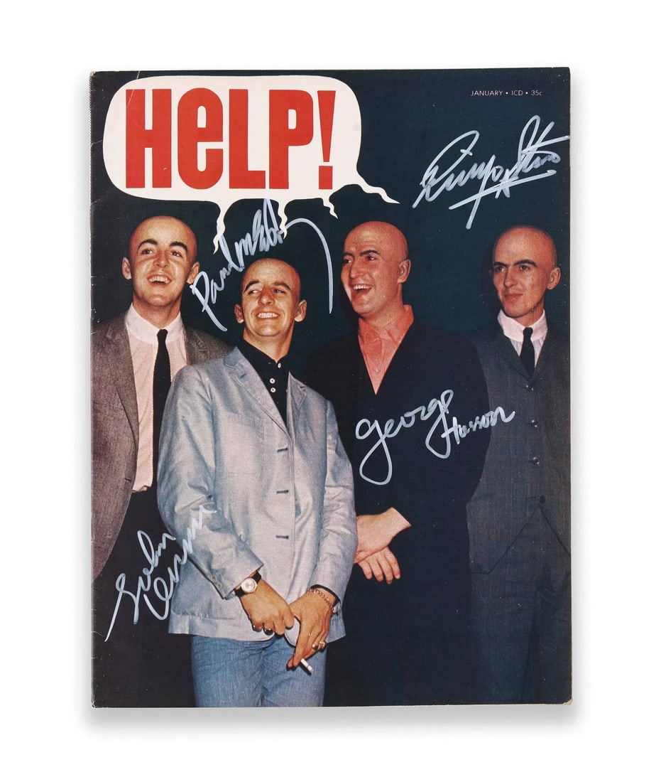 THE BEATLES - Fully Signed Help! Magazine Cover Portrait (1960s): THE BEATLES - FULLY SIGNED HELP! MAGAZINE COVER PORTRAIT (1960S) Provenance and Authenticity: This item includes a certificate of authenticity. His Collectible Has Undergone Rigorous Authentication. T