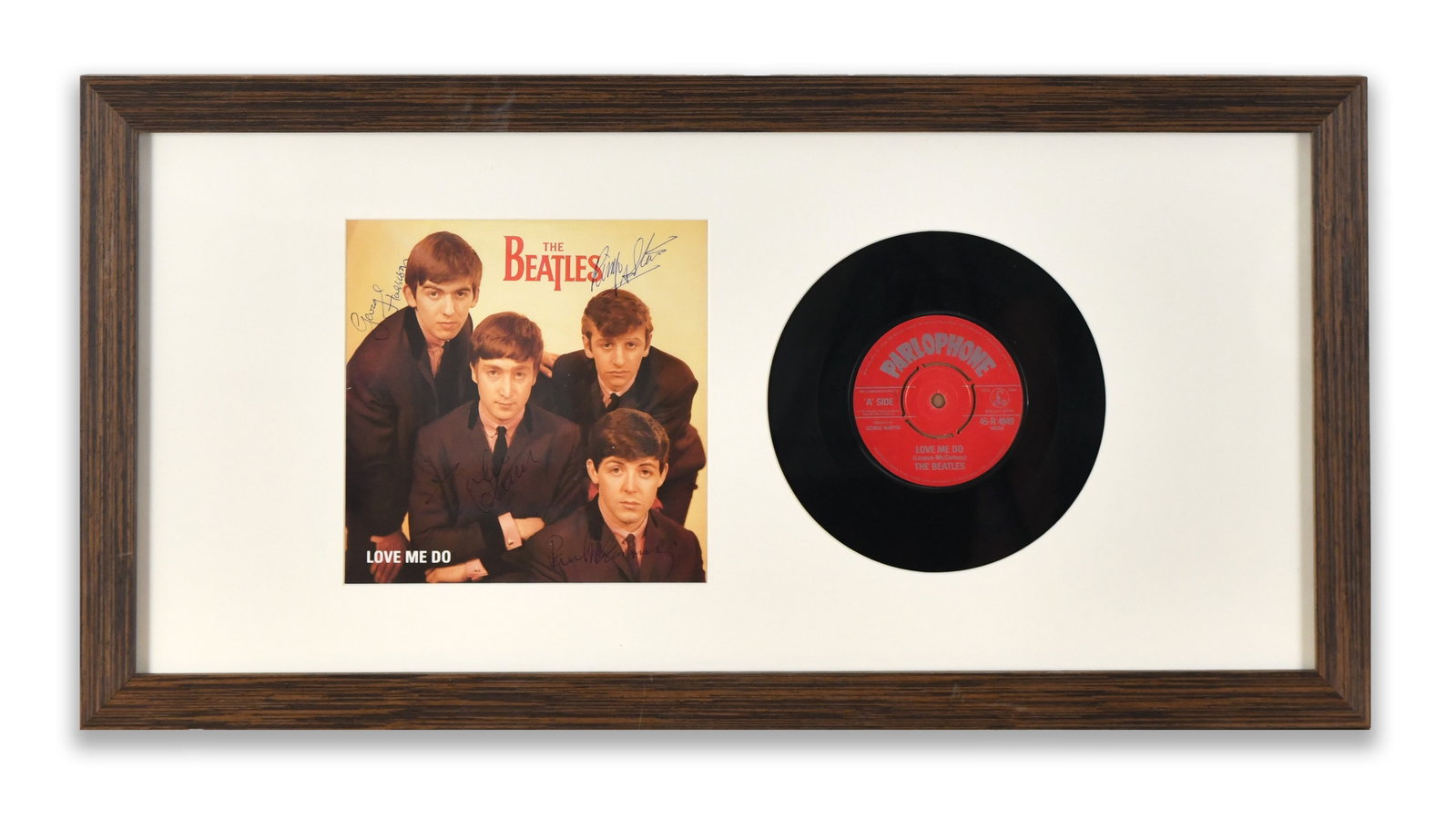 THE BEATLES - Fully Signed Love Me Do (Parlophone) 7-inch Single Display: THE BEATLES - FULLY SIGNED LOVE ME DO (PARLOPHONE) 7-INCH SINGLE DISPLAY Provenance and Authenticity: This item includes a certificate of authenticity. His Collectible Has Undergone Rigorous