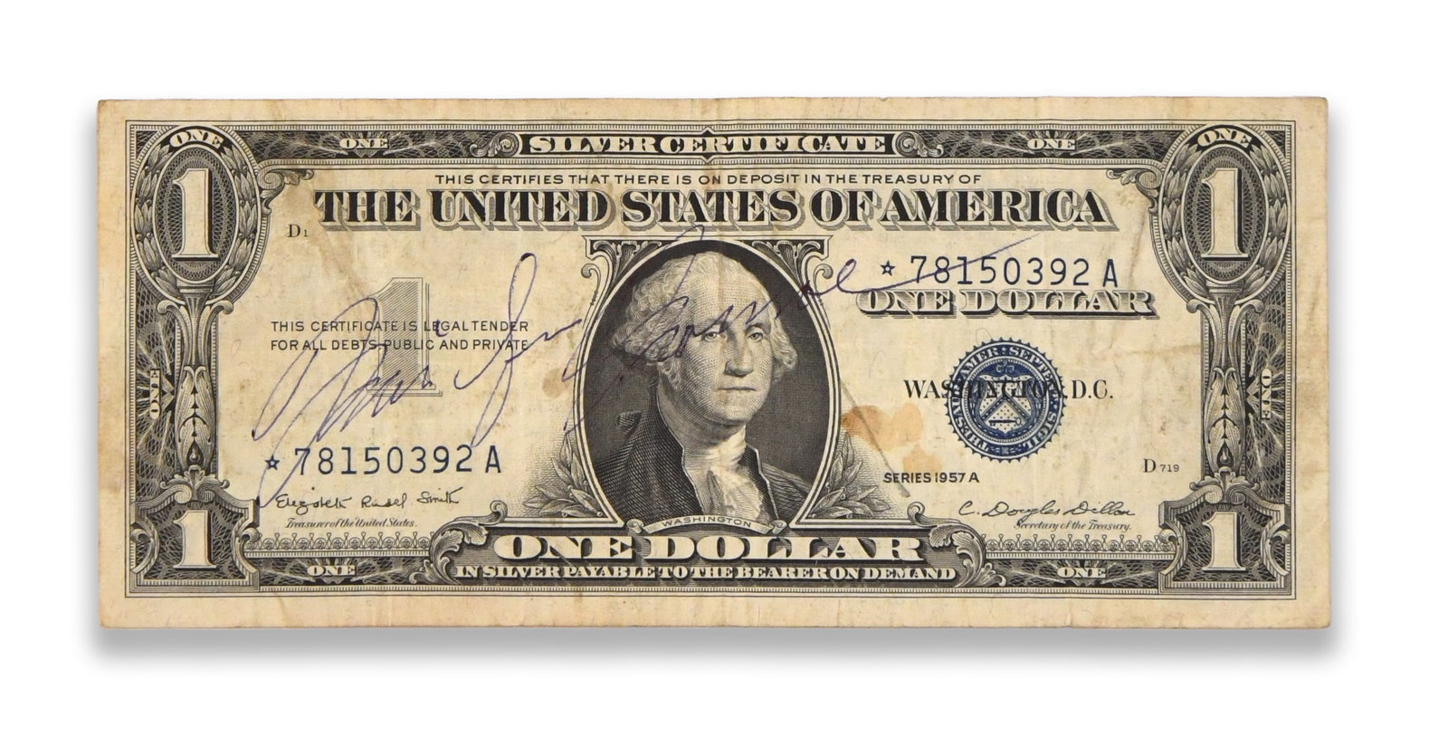 MARILYN MONROE - Signed 1957A One Dollar Silver Certificate: MARILYN MONROE - SIGNED 1957A ONE DOLLAR SILVER CERTIFICATE Provenance and Authenticity: The obverse bears a blue ink signature attributed to Marilyn Monroe, positioned across the left-central field a