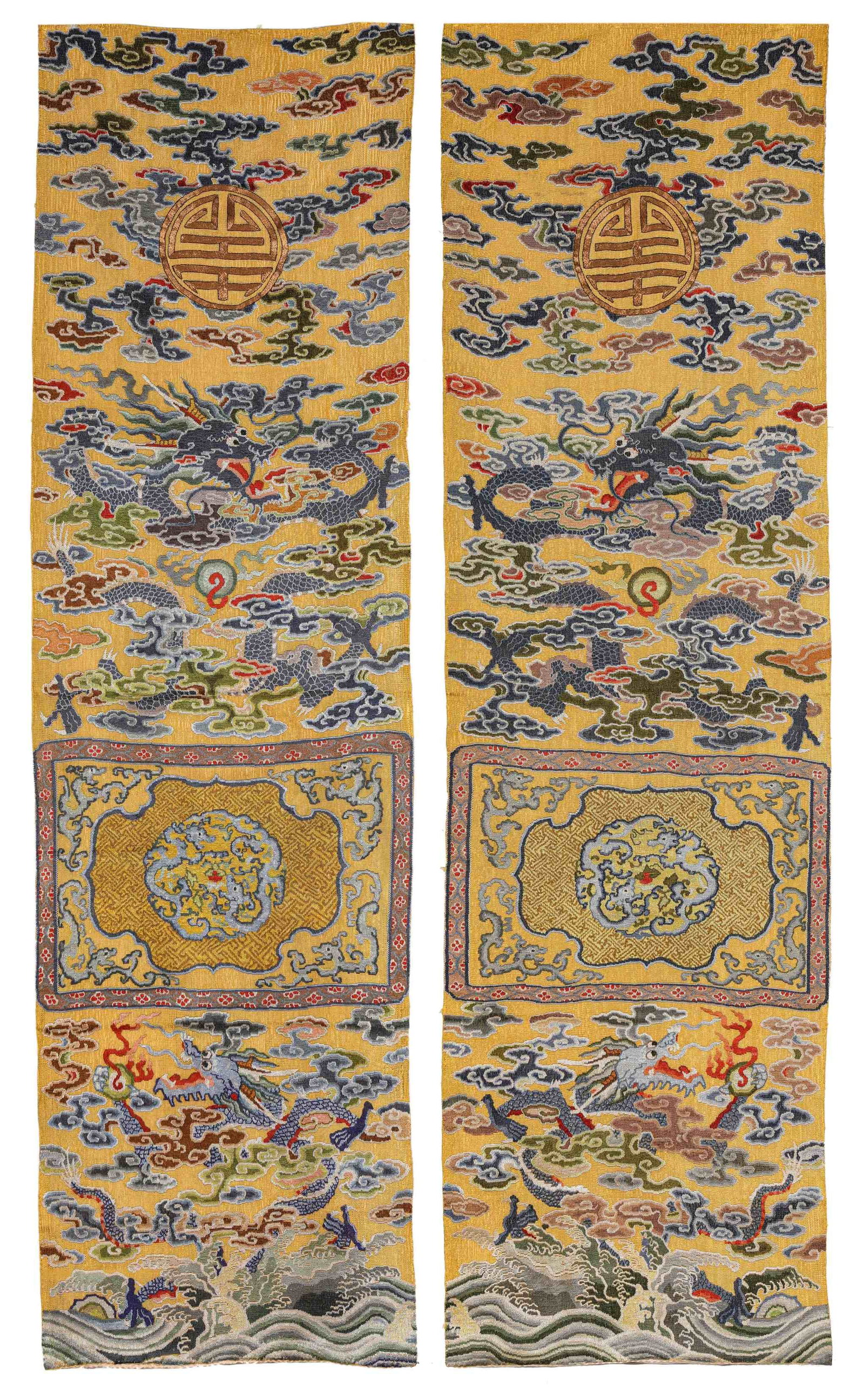 A Pair of Brocade 'Dragon and Clouds' Hanging Panels: A PAIR OF BROCADE 'DRAGON AND CLOUDS' HANGING PANELS Dimensions: Dimensions: Width: 47 cm x Height: 168 cm. All measurements are approximate.
