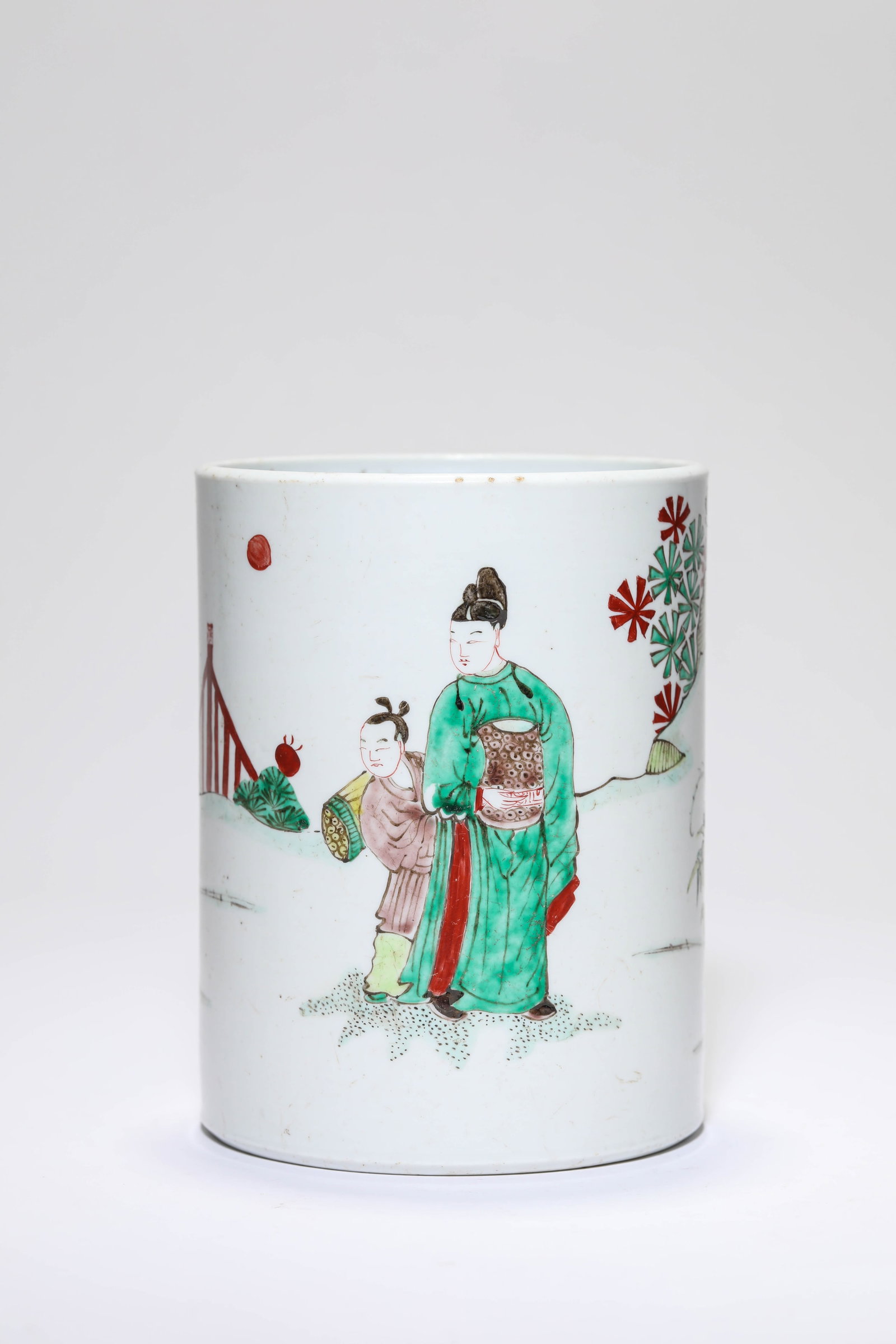 A Wucai 'Narrative Scene' Brush Pot (1 of 4)