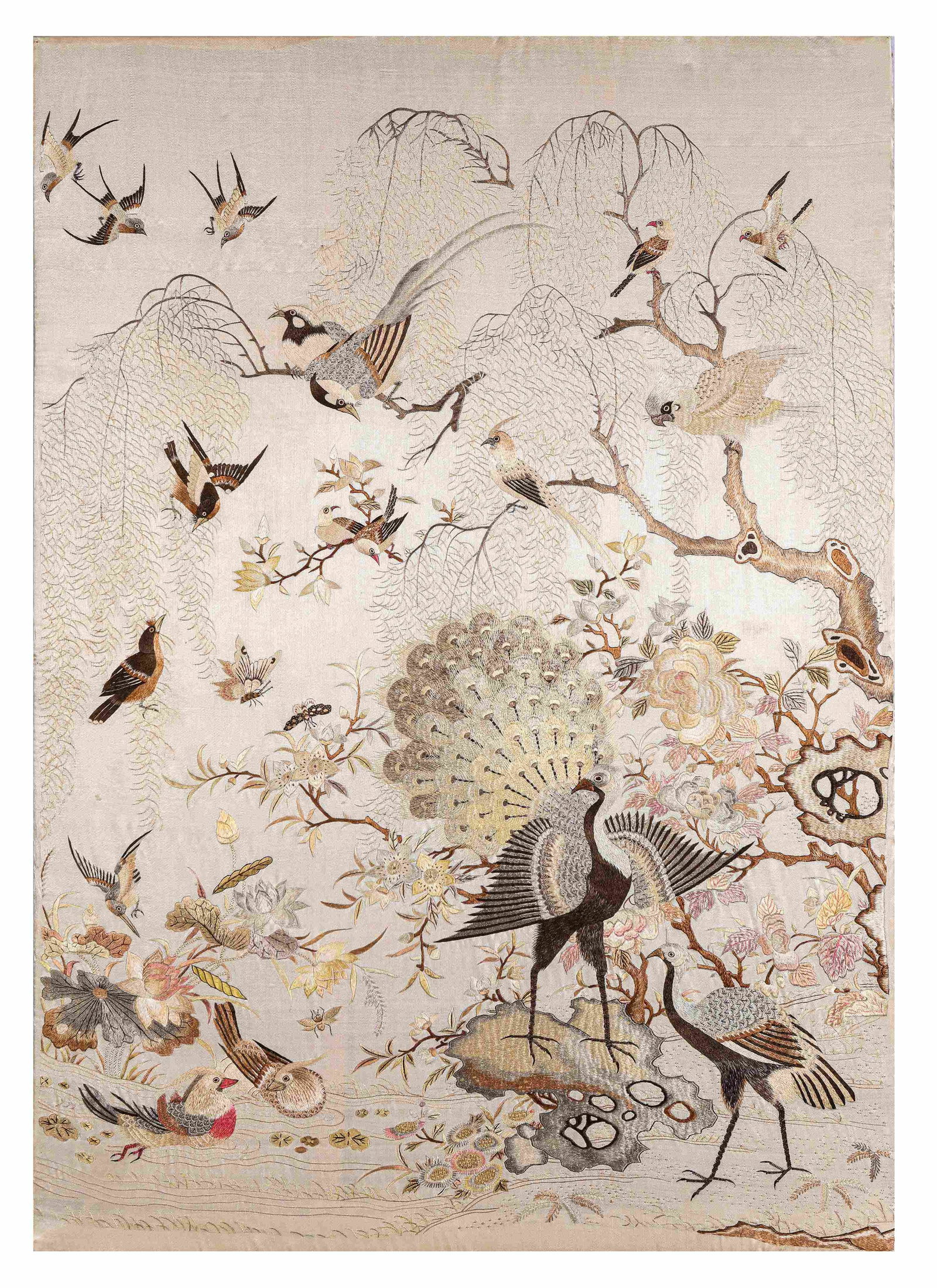 A Guangdong 'Flowers and Birds' Embroidery: A GUANGDONG 'FLOWERS AND BIRDS' EMBROIDERY Dimensions: Dimensions: Width: 55 cm x Height: 81 cm. All measurements are approximate.
