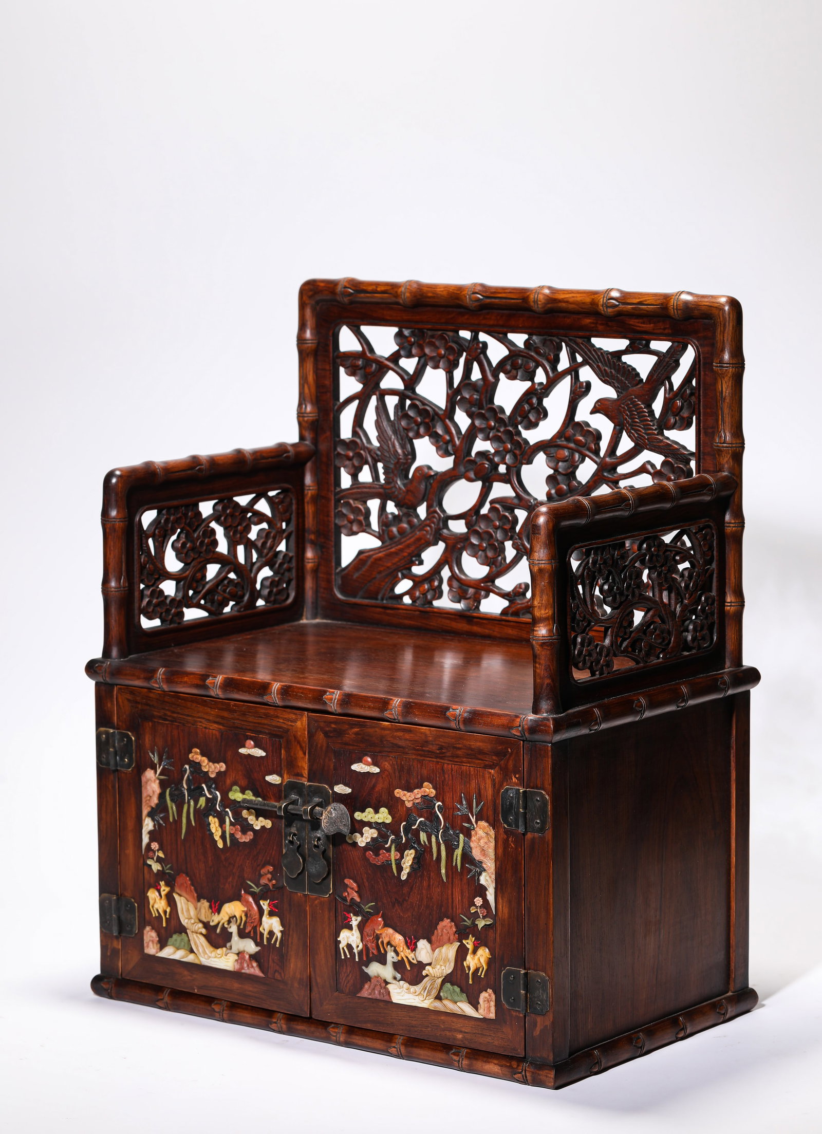 A Wood and 'Hundred Treasures'-Inlaid Small Cabinet: A WOOD AND 'HUNDRED TREASURES'-INLAID SMALL CABINET Description: Dimensions: Length: 37 cm x Width: 23 cm x Height: 46 cm. All measurements are approximate.