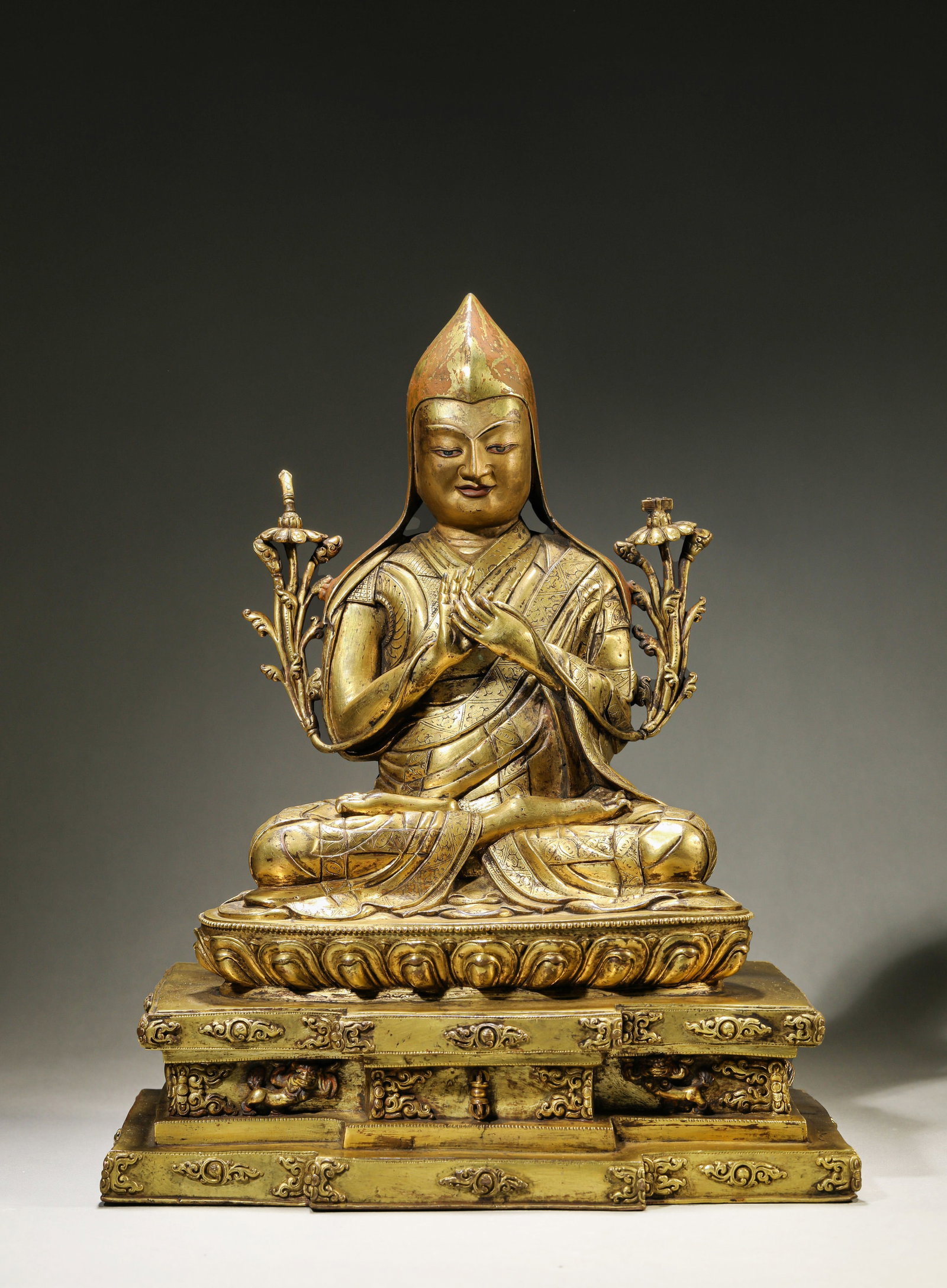 A 'Tibetan Gandan Monastery-Style' Figure of Tsongkhapa: A 'TIBETAN GANDAN MONASTERY-STYLE' FIGURE OF TSONGKHAPA Description: Dimensions: Weight: 9700 g. Length: 27.7 cm x Width: 18.9 cm x Height: 36 cm. All measurements are approximate.