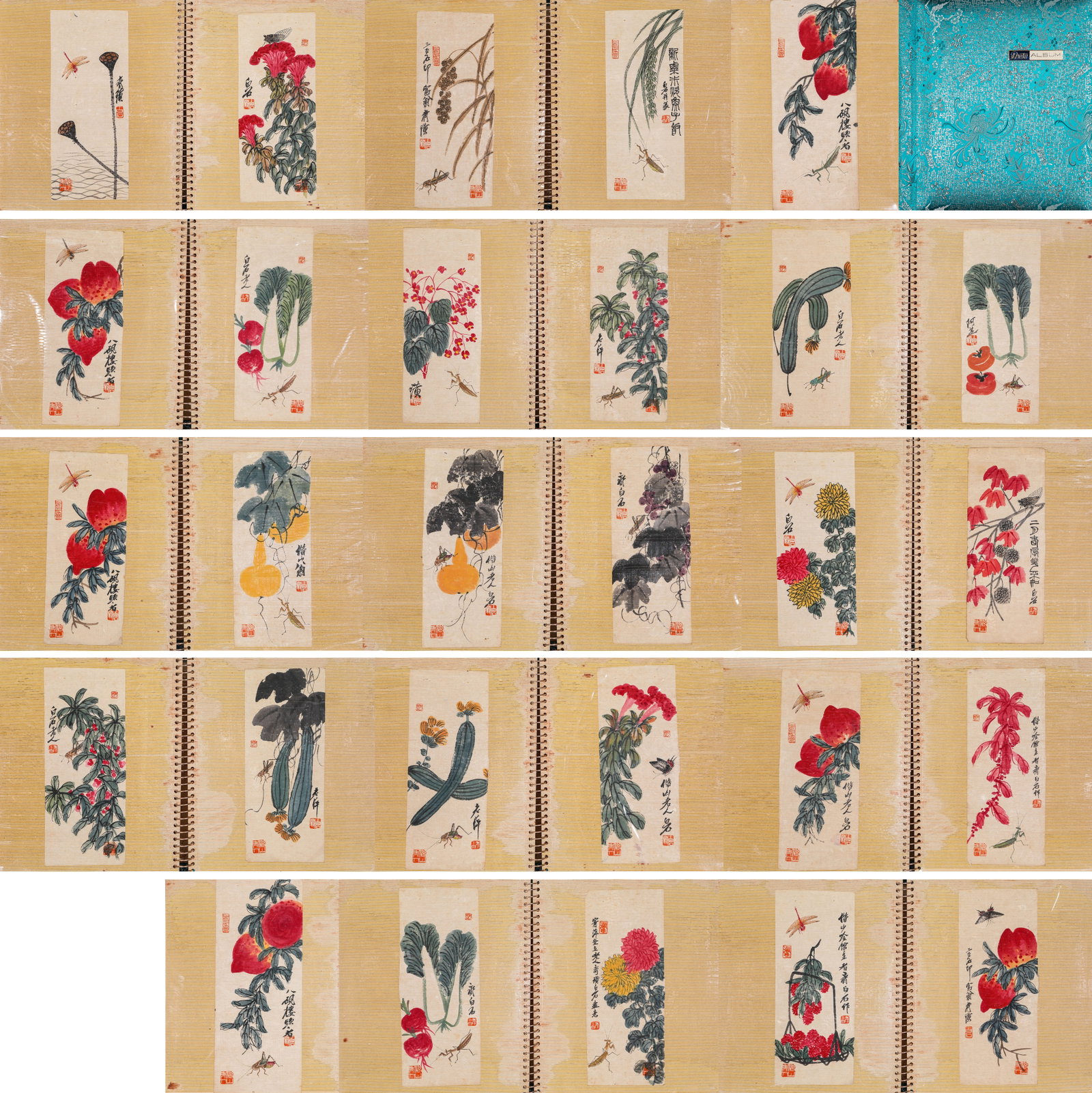 Qi Baishi (1864-1957), attributed to, Melons, Flowers and Insects Album Leaves: Description: Dimensions: Width: 33.5 cm x Height: 37 cm. All measurements are approximate.