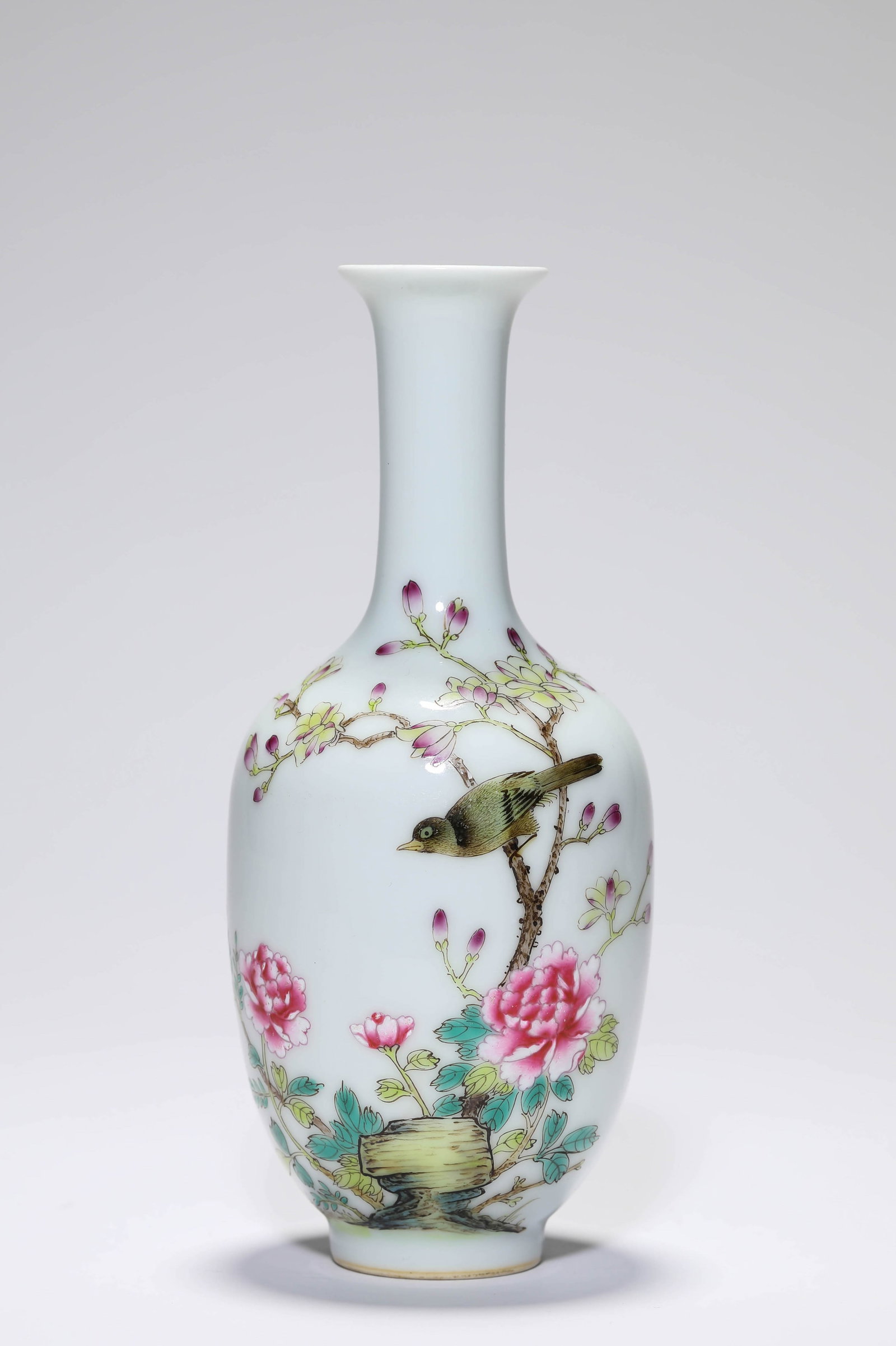 A Famille-Rose 'Magpies on a Plum Branch and Poem' Vase: Description: Dimensions: Width: 8 cm x Height: 18.5 cm. All measurements are approximate.