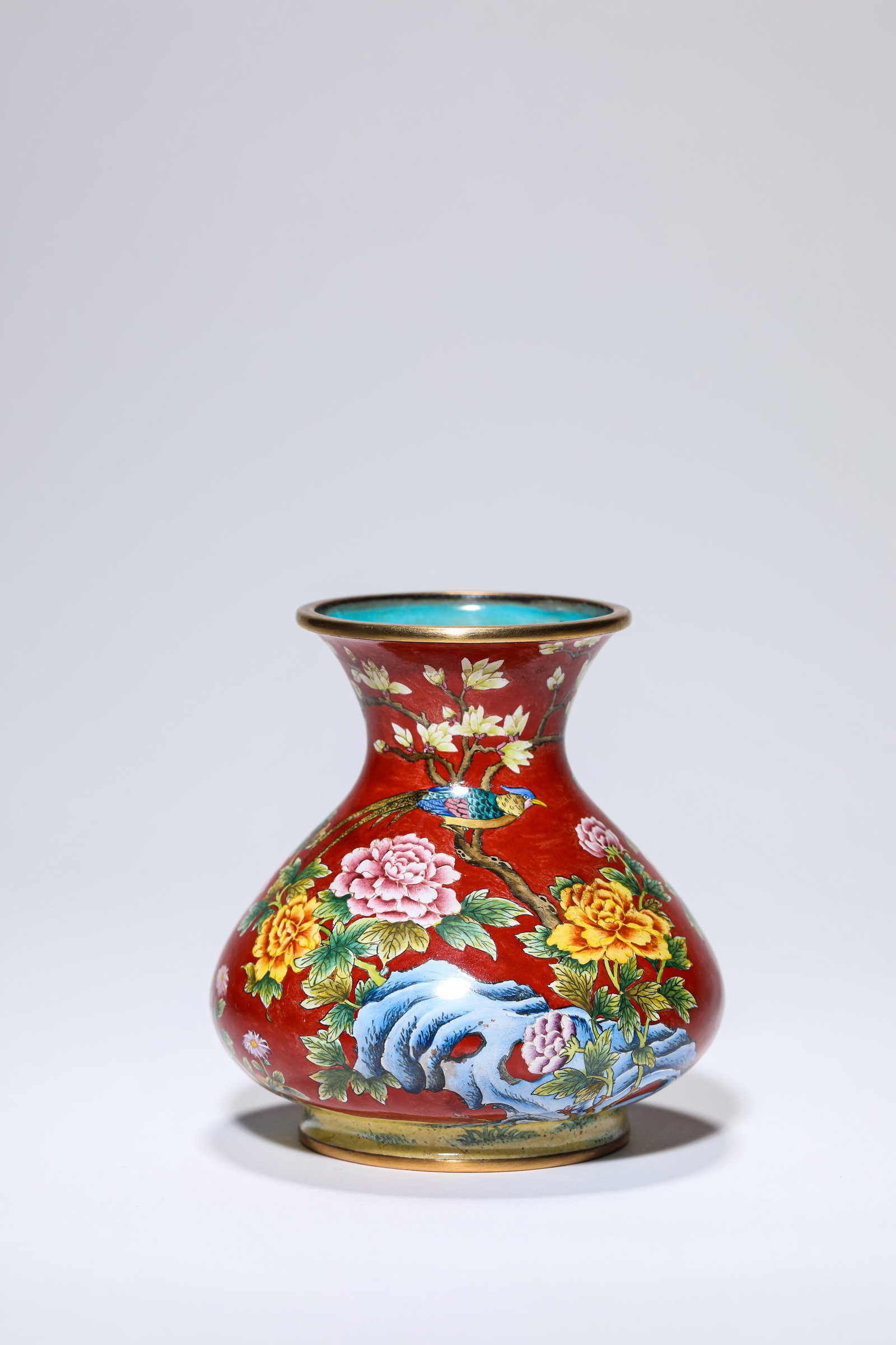 A Copper Painted Enamel 'Flowers and Birds' Vase (1 of 5)