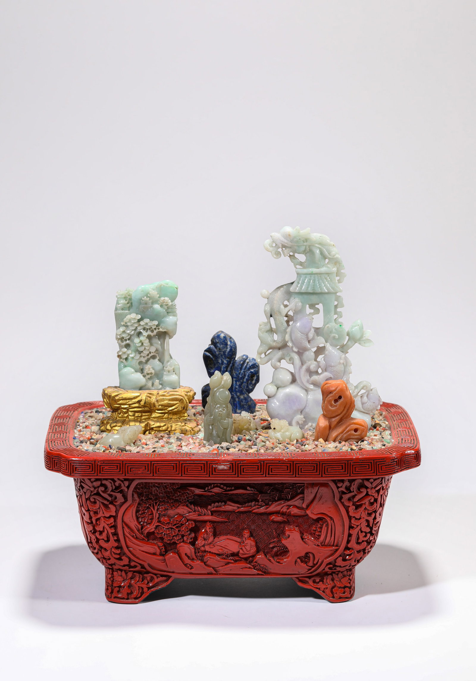 A Lacquer Tray with Jade and Jadeite 'Mountain-Form' Bonsai (1 of 8)
