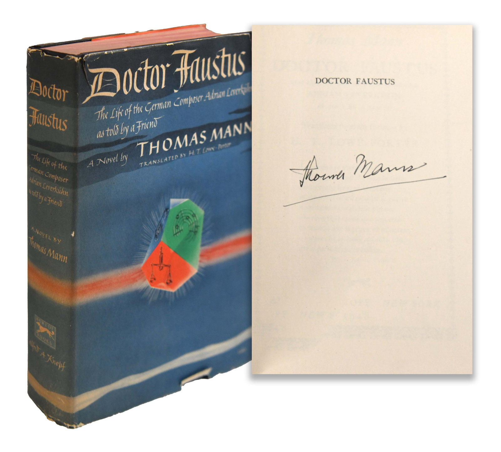 Thomas Mann, Signed Doctor Faustus, First American Edition, 1948: THOMAS MANN, SIGNED DOCTOR FAUSTUS, FIRST AMERICAN EDITION, 1948 Object Data: Object: Hardcover book with dust jacket. Author: Thomas Mann. Title: Doctor Faustus: The Life of the German Composer Adria