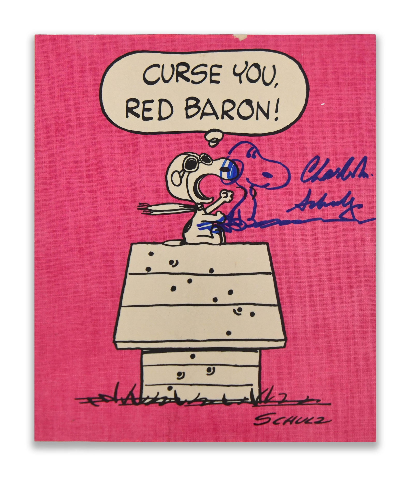 Charles M. Schulz, Signed "Curse You, Red Baron!" Snoopy Hallmark Postcard: CHARLES M. SCHULZ, SIGNED "CURSE YOU, RED BARON!" SNOOPY HALLMARK POSTCARD Object Data: Object: Illustrated postcard. Character: Snoopy as the World War I Flying Ace. Publisher: Hallmark. Copyright: U
