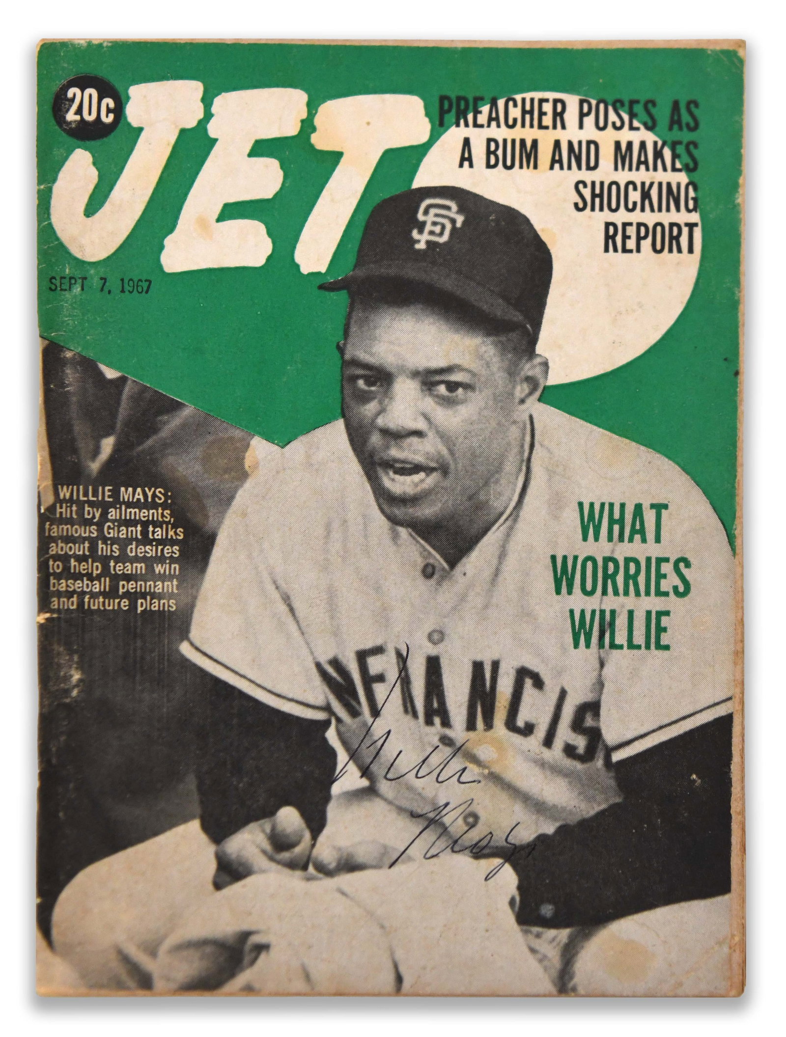 Willie Mays, Signed Jet Magazine, September 7, 1967: WILLIE MAYS, SIGNED JET MAGAZINE, SEPTEMBER 7, 1967 Object Data: Object: Magazine. Publication: Jet. Date: September 7, 1967. Cover Subject: Willie Mays. Catalog Note: A September 7, 1967 issue of