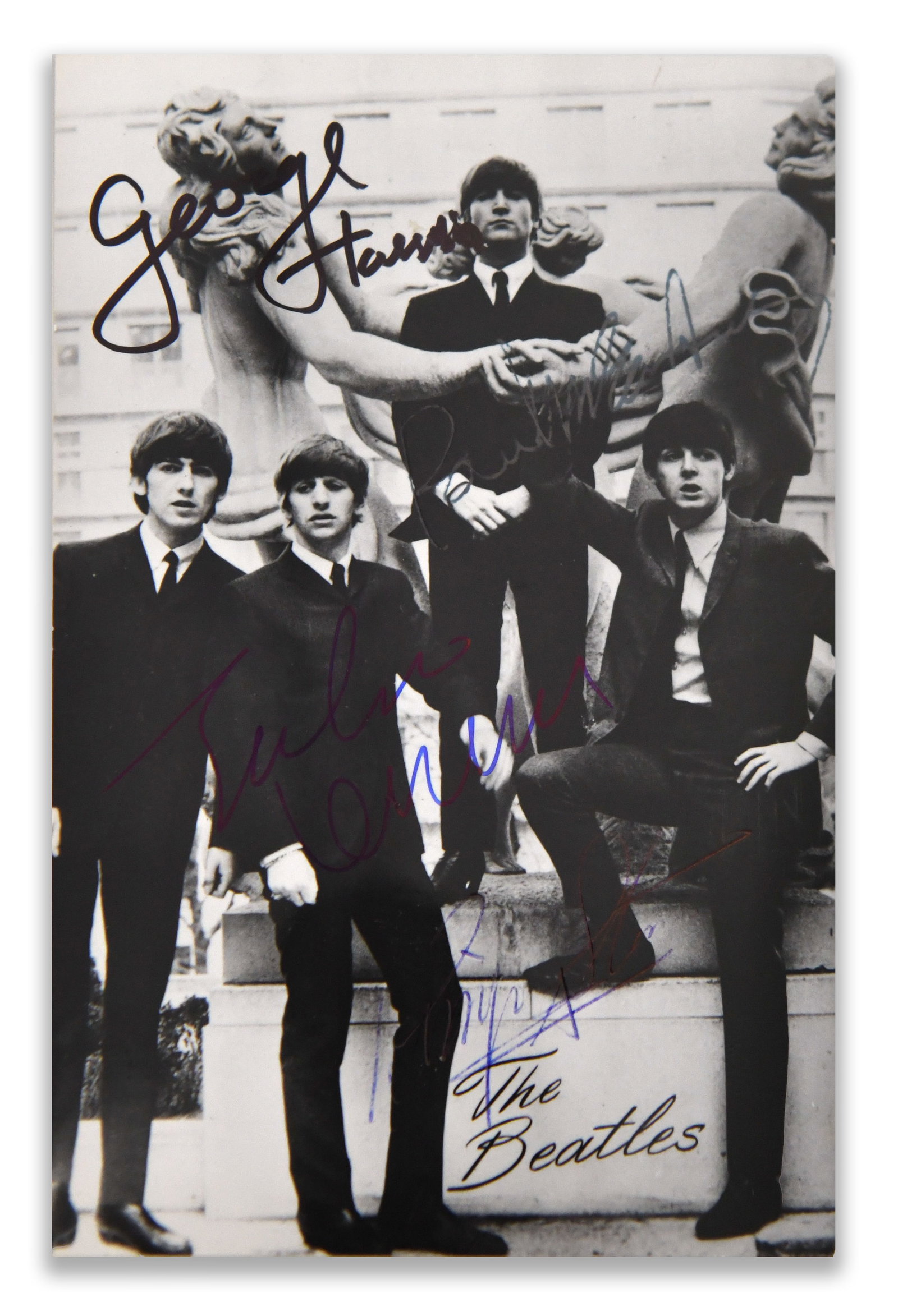 The Beatles, Four-Member Signed Photographic Postcard: THE BEATLES, FOUR-MEMBER SIGNED PHOTOGRAPHIC POSTCARD Object Data: Object: Black-and-white photographic postcard. Subject: The Beatles. Members Represented: John Lennon, Paul McCartney, George Harriso