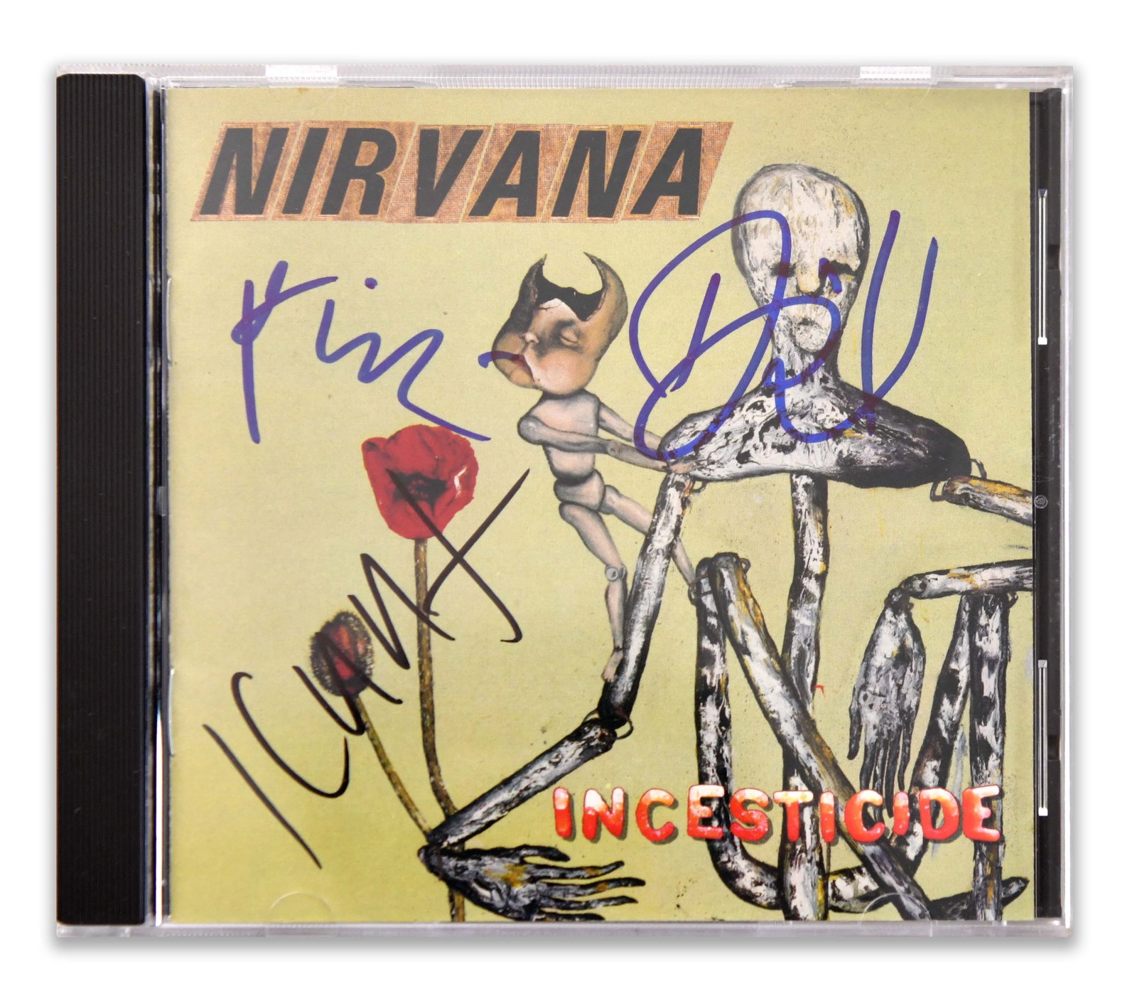 Nirvana, Three-Member Signed In Utero CD: NIRVANA, THREE-MEMBER SIGNED IN UTERO CD Object Data: Object: Compact disc with jewel case and printed booklet. Artist: Nirvana. Album: In Utero. Label: DGC Records. Catalog Number: DGCD 24504. Origin