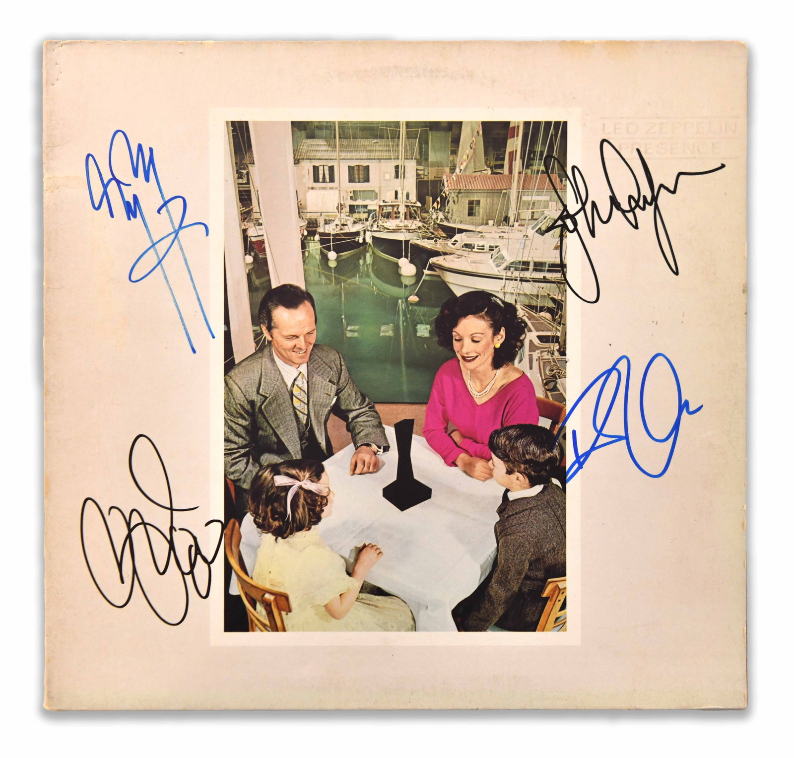 Led Zeppelin, Four-Member Signed Presence Swan Song LP: LED ZEPPELIN, FOUR-MEMBER SIGNED PRESENCE SWAN SONG LP Object Data: Object: 12-inch vinyl record with original printed sleeve. Artist: Led Zeppelin. Album: Presence. Label: Swan Song Records / Atlanti