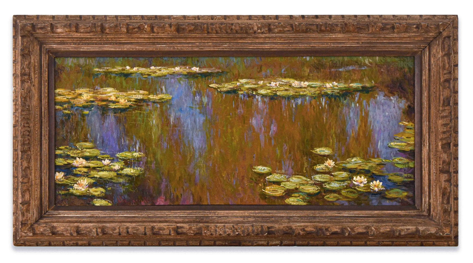 Claude Monet (1840-1926), Attributed to, Oil on Canvas: CLAUDE MONET (1840-1926), ATTRIBUTED TO, OIL ON CANVAS Dimensions: Image size: 37.5 ? 91 cm. All measured values are approximate. Outer frame size: 56.5 ? 110 cm. All measured values are approximate. 