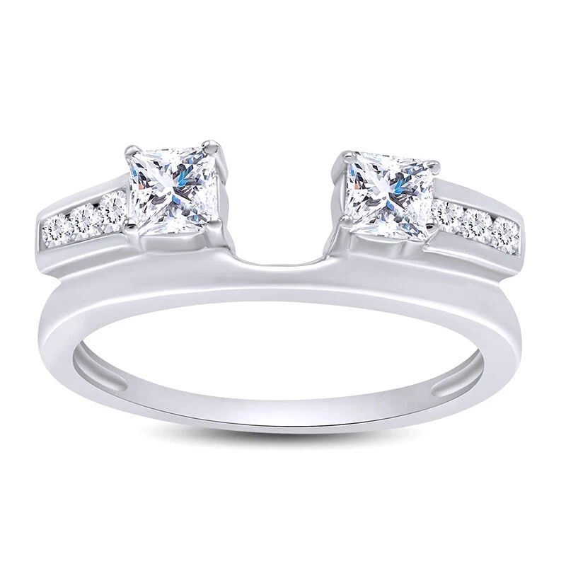 White-Metal Open-Top Colorless Stone Ring: WHITE-METAL OPEN-TOP COLORLESS STONE RING Description: A contemporary open-top ring in white metal, terminating in two opposing raised colorless stones with additional small accents along the shoulder