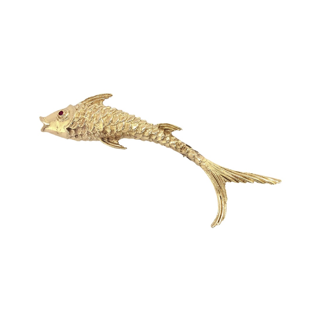 Vintage Gold-Tone Ruby-Style Fish Brooch: VINTAGE GOLD-TONE RUBY-STYLE FISH BROOCH Provenance and Authenticity: This object is presented as a vintage gold-tone brooch modeled in the form of an elongated fish and accented by a small red facete