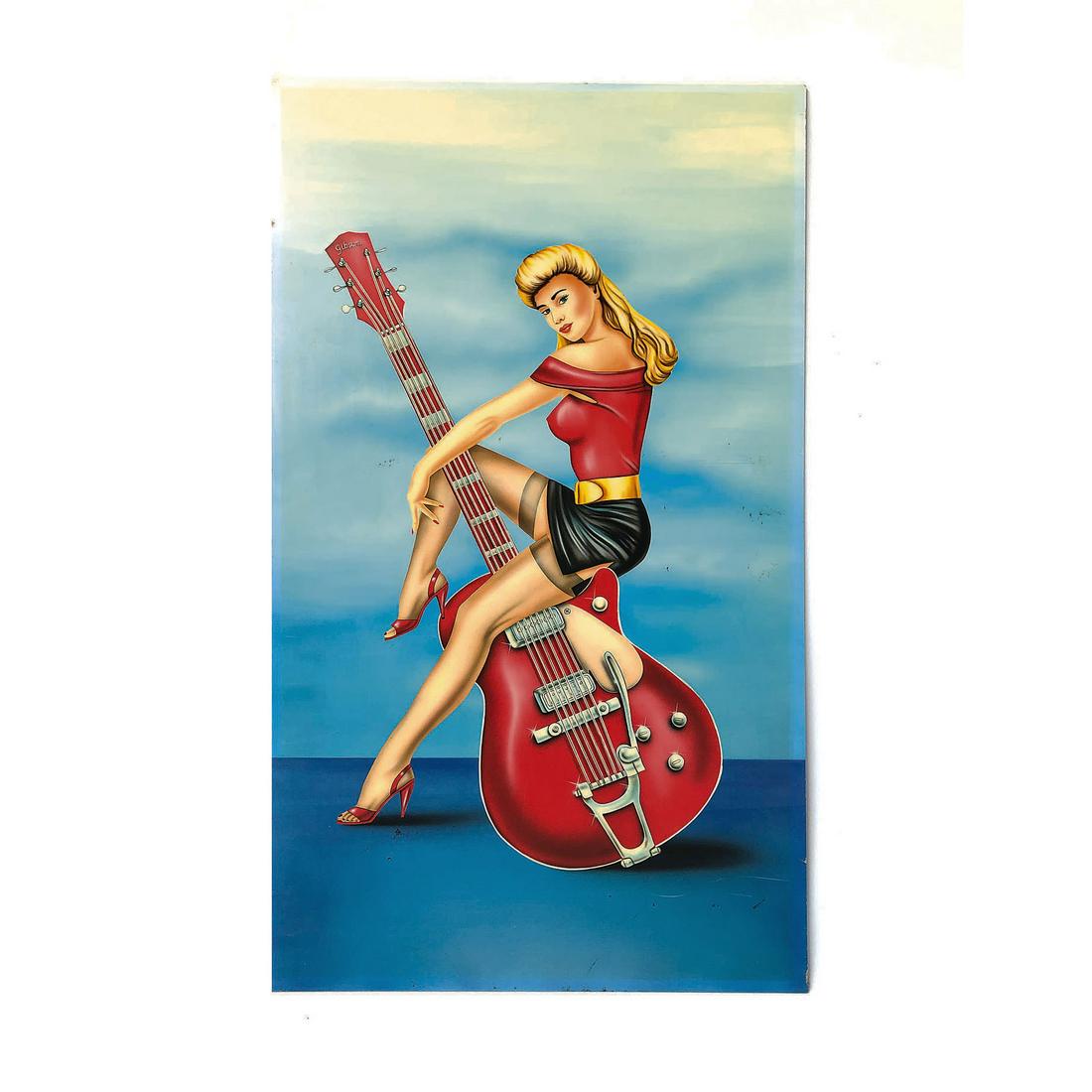 Gibson Guitar and Pinup Girl Painting on Board: Unframed one of a kind Gibson guitar and pinup girl painting on board. Size: 122,5 x 69 cm. Condition: Good.