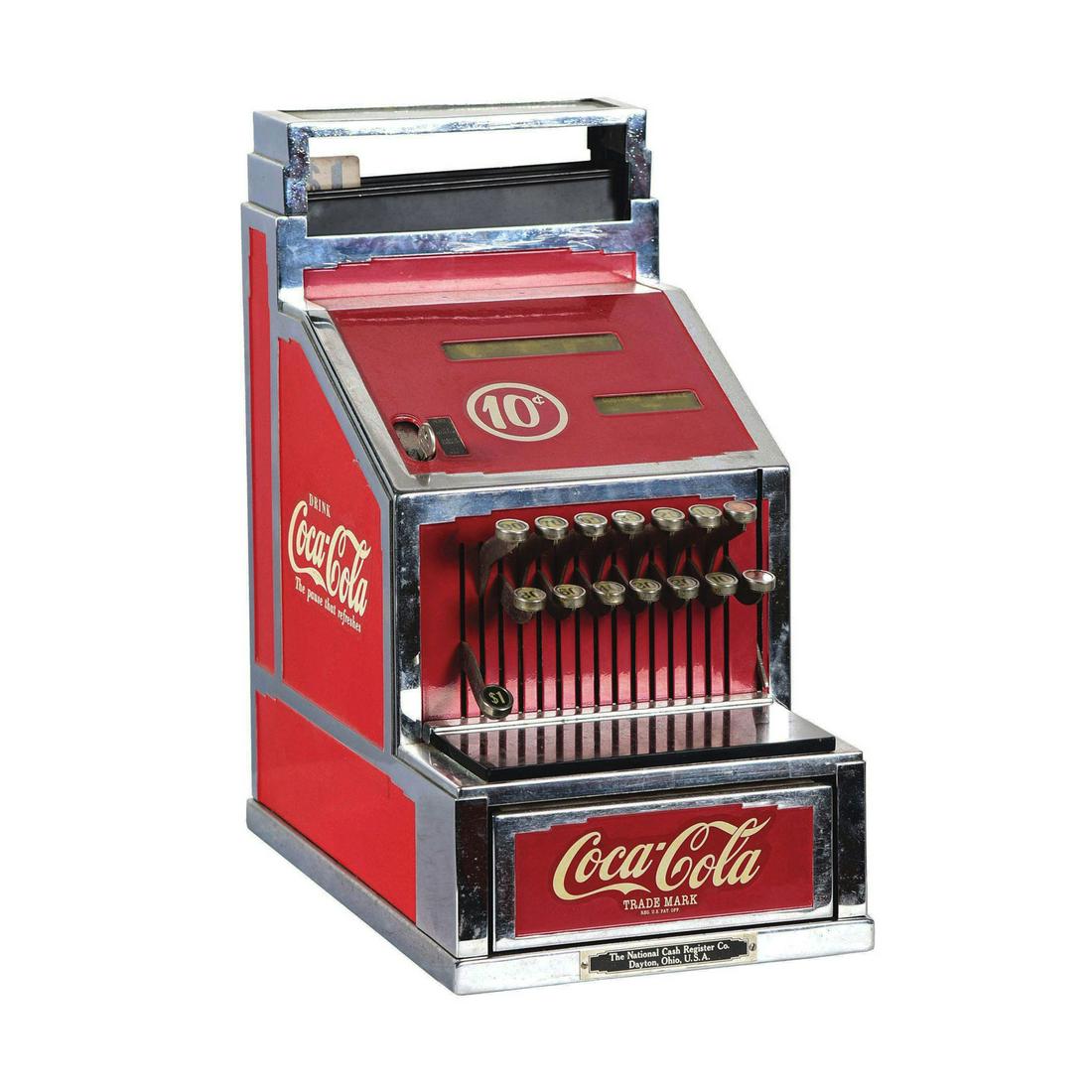 National Cash Register Restored in Coca-Cola Motif: This is an Art Deco style National cash register restored in Coca-Cola motif. Comes with keys. Size: 43 x 24 x 40,5 cm. Condition: Very Good.