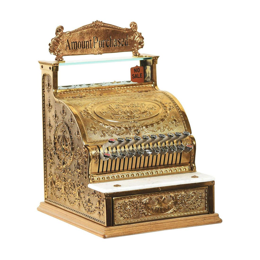 Restored National Cash Register Model 324: This is a National Cash Register Model 324 in restored condition with a replaced top sign and missing the 10Â¢ check key. Comes with keys. Size: 54.5 x 37 x 42 cm. Condition: Very Good.