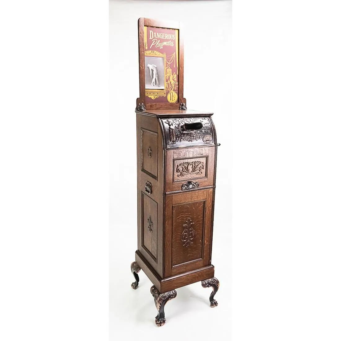 Mills "The Quartoscope" Flip Card Machine: Mills Novelty Co. "The Quartoscope" arcade stereo-viewer flip card machine "Dangerous Playmates". Beautiful large ornate machine. Restored oak finish with front nicks and scratches. Missing some trim.