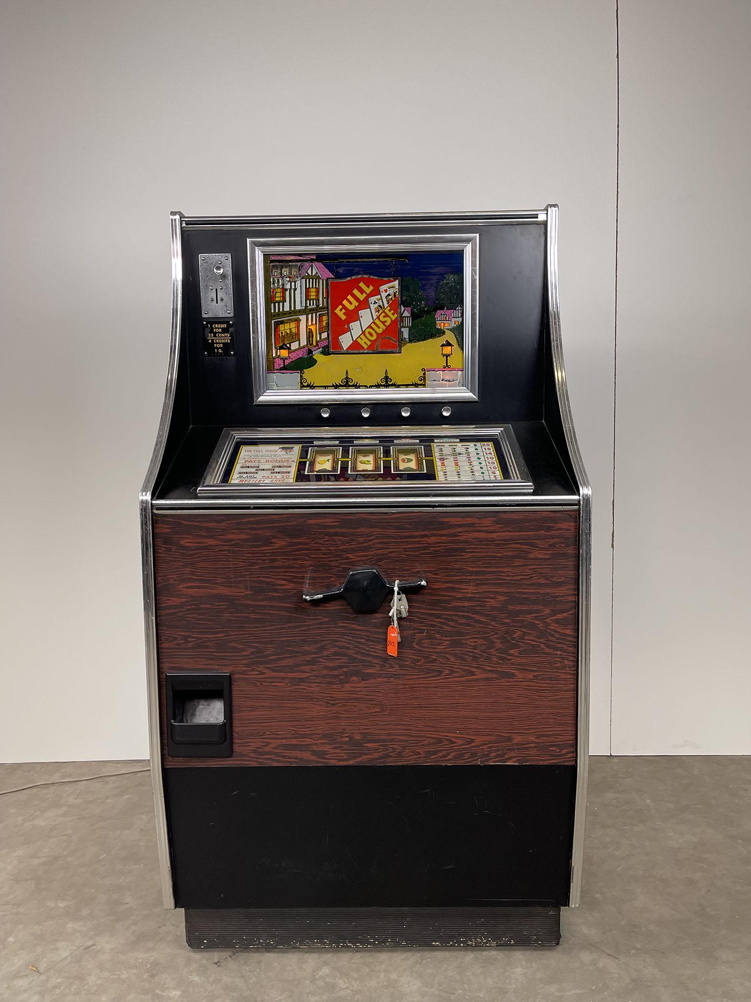 Bell-Fruit Full House Slot Machine, England, ca. 1960s: Bell-Fruit Full House slot machine, Nottingham, England, ca. 1960s. Machine powers on, but the working condition hasn't been tested. Comes with keys. Height: 143 cm. Width: 76 cm. Depth: 55 cm. Condit