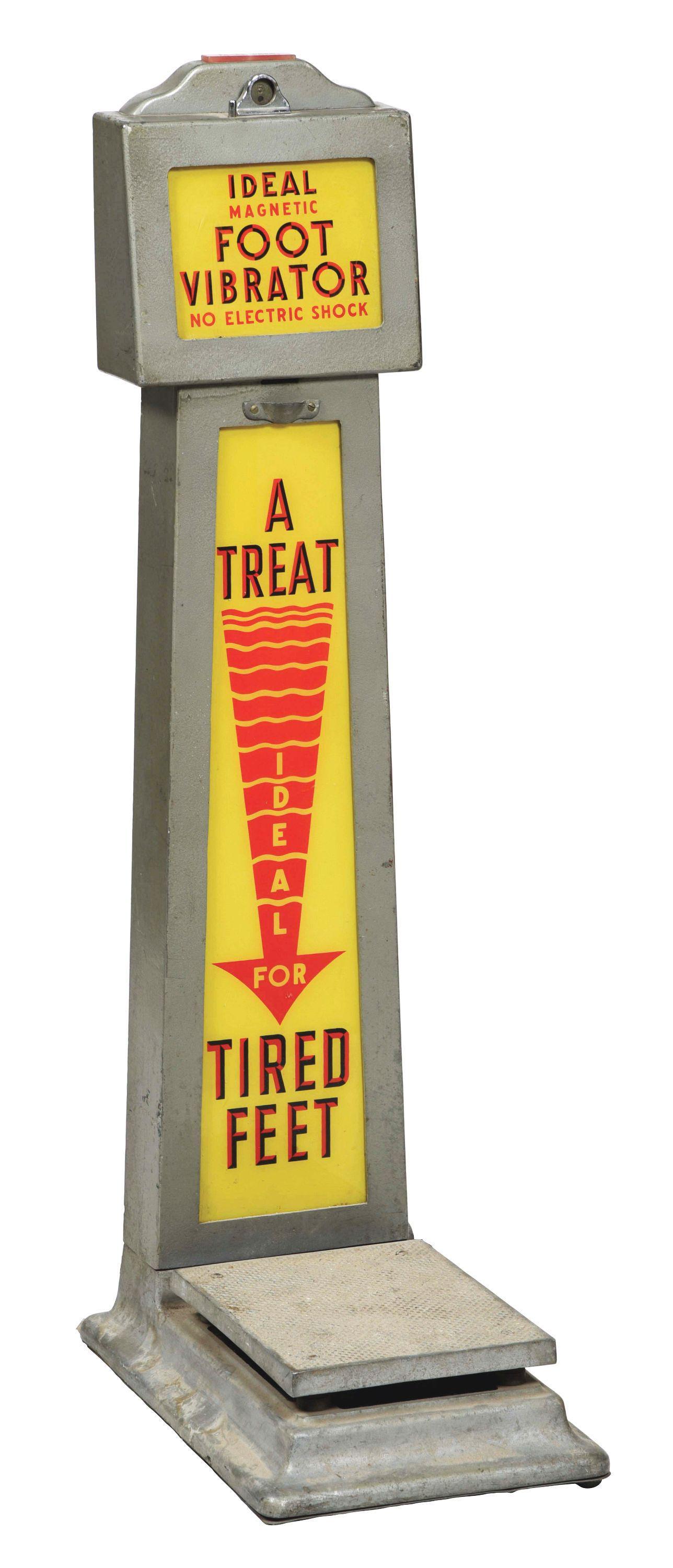 5¢ Ideal Magnetic Foot Vibrator ca. 1950: 5¢ Ideal Magnetic Foot Vibrator circa 1950, "A Treat for Tired Feet". Original condition and in good working order. Consumer would place a coin in the coin Slot and stand on the vibrating pad for a f
