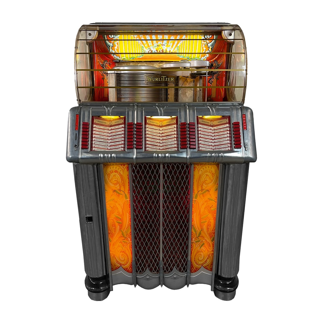 1950 Wurlitzer 1250 Jukebox: 1950 Wurlitzer 1250 Jukebox. 48 selection jukebox playing 33, 45 or 78 RPM records. It comes with 24 records. The jukebox appears to be fully original. Overall in a very good original visual condition