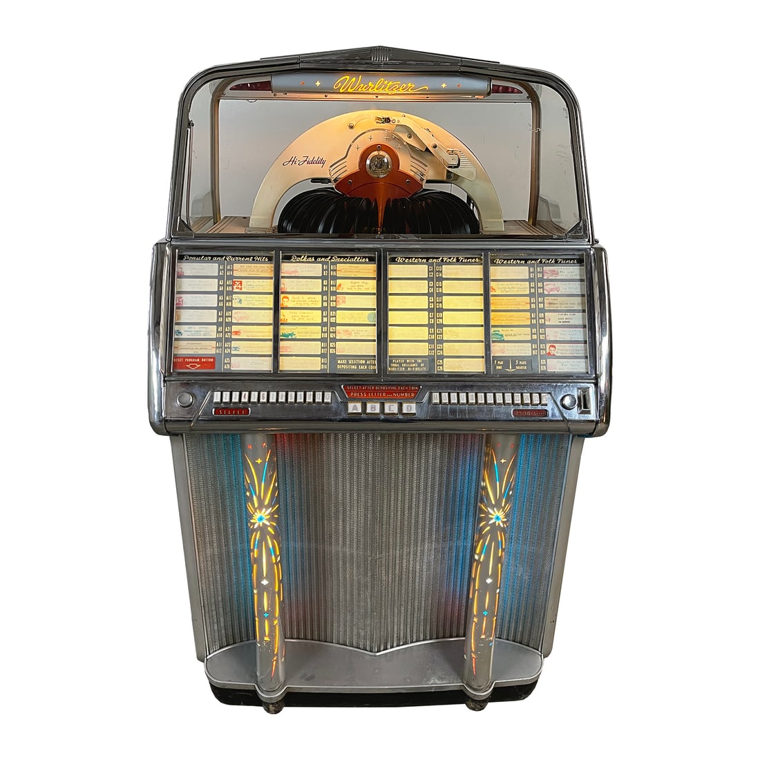 1955 Wurlitzer 1800 Jukebox: 1955 Wurlitzer 1800 Jukebox. 104 selection jukebox playing 45 RPM records. It comes with 52 records. The jukebox isn't fully original. The sides veneer are (very nicely) redone. In pefect visual condi