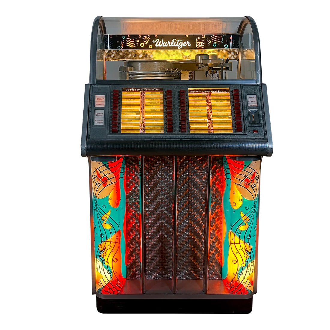 1954 Wurlitzer 1650AF Jukebox: 1954 Wurlitzer 1650AF Jukebox. 48 selection jukebox playing 45 RPM records. It comes with 24 records. The jukebox appears to be fully original. Overall good original visual condition. All the lights o